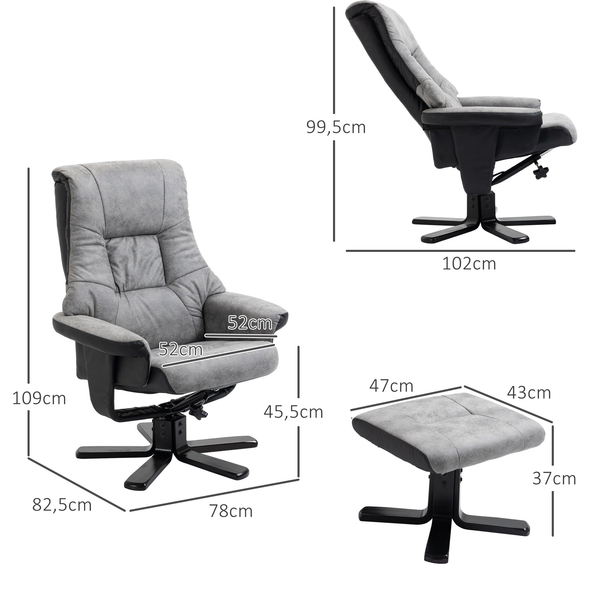 HOMCOM Relaxsessel mit Hocker, 360° drehbar, 135° neigbar, atmungsaktiver Bezug, 78 x 82,5 x 109 cm, grau