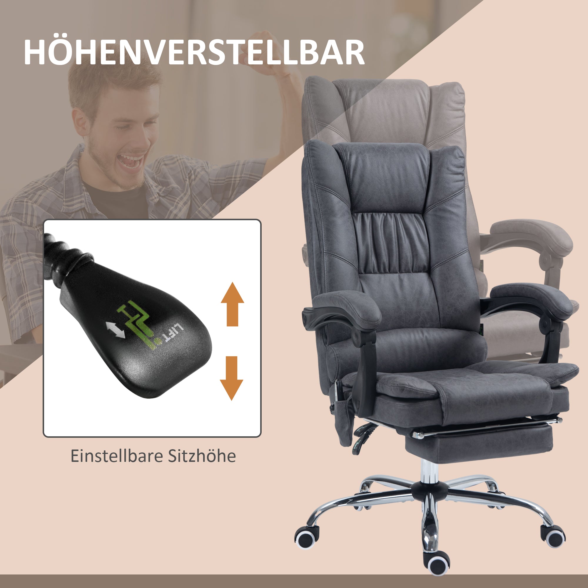 Vinsetto Massagstuhl Bürostuhl mit Massagefunktion, inkl. Fußstütze, höhenverstellbar, 64 cm x 70 cm x 118 cm, Schwarz