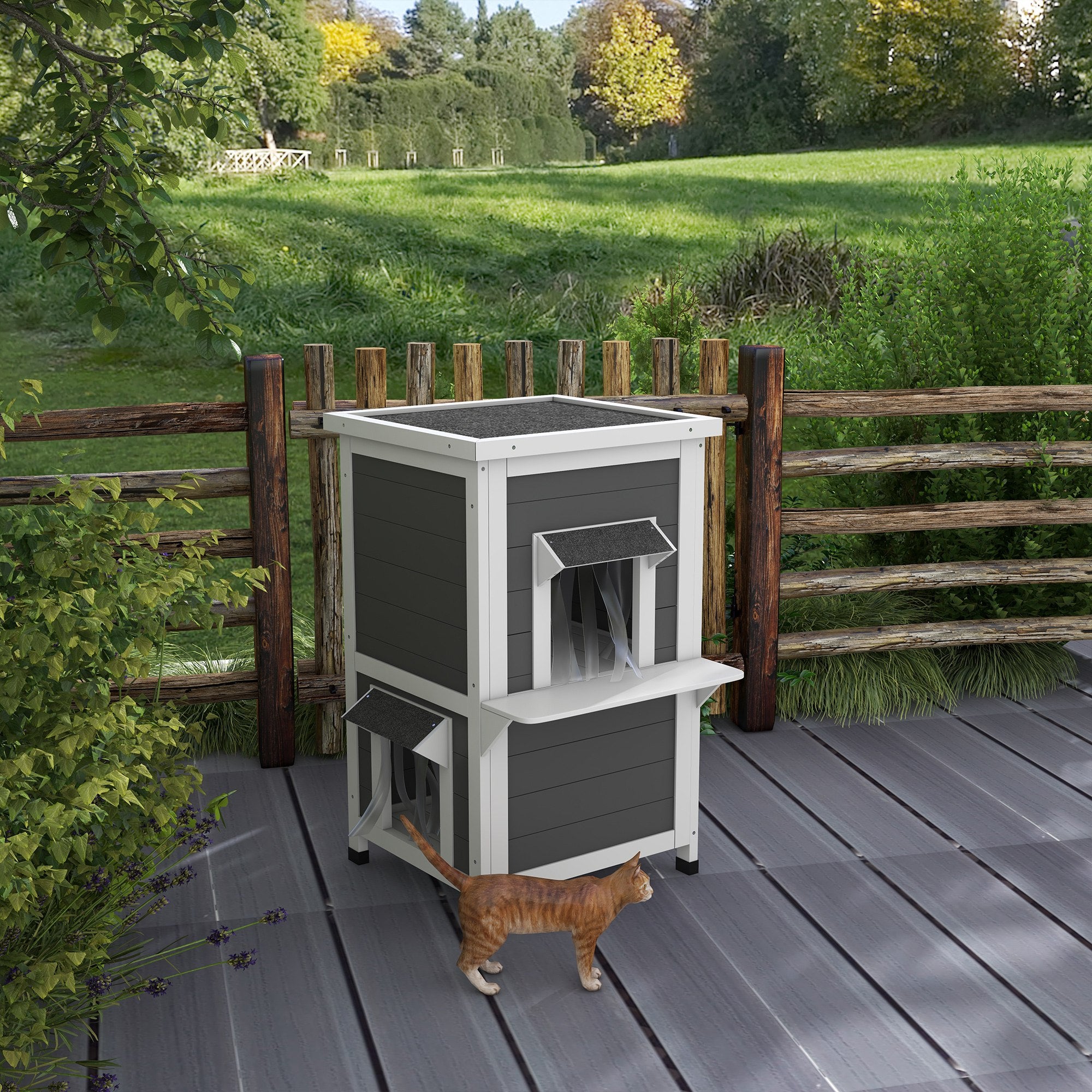 PawHut Katzenhaus, Katzenhütte, Outdoor, Wetterbeständig, 60 cm x 60 cm x 81.5cm, Weiß + Grau