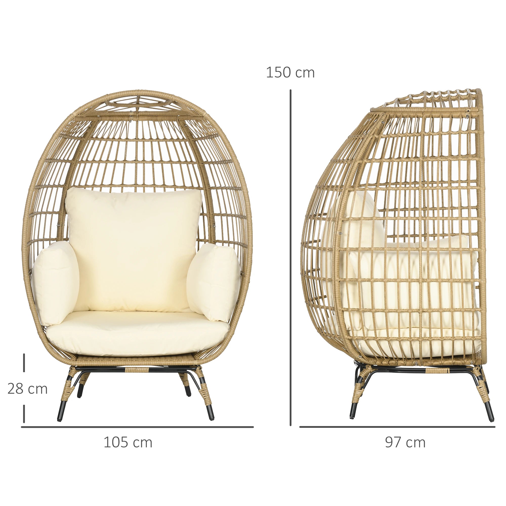 Outsunny Korbstuhl in Rattanoptik, weiche Sitzkissen, Aluminiumrahmen, khaki+beige, 105 x 90 x 148 cm