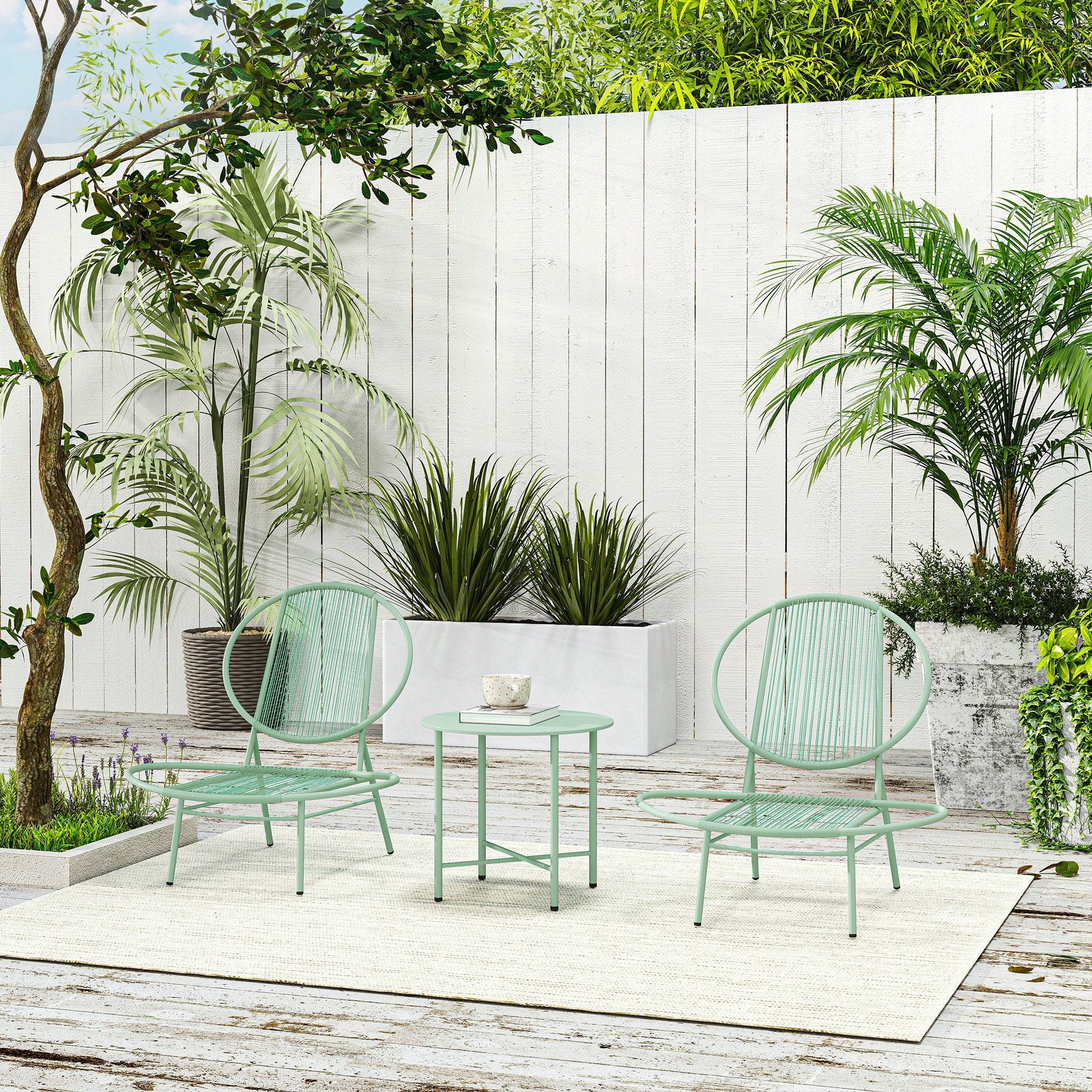 Outsunny Bistro-Set 3-teilig aus Polyrattan Wetterfest Gartenmöbel Set mit Bistrotisch Muschelförmige Gartenstühlen Grün