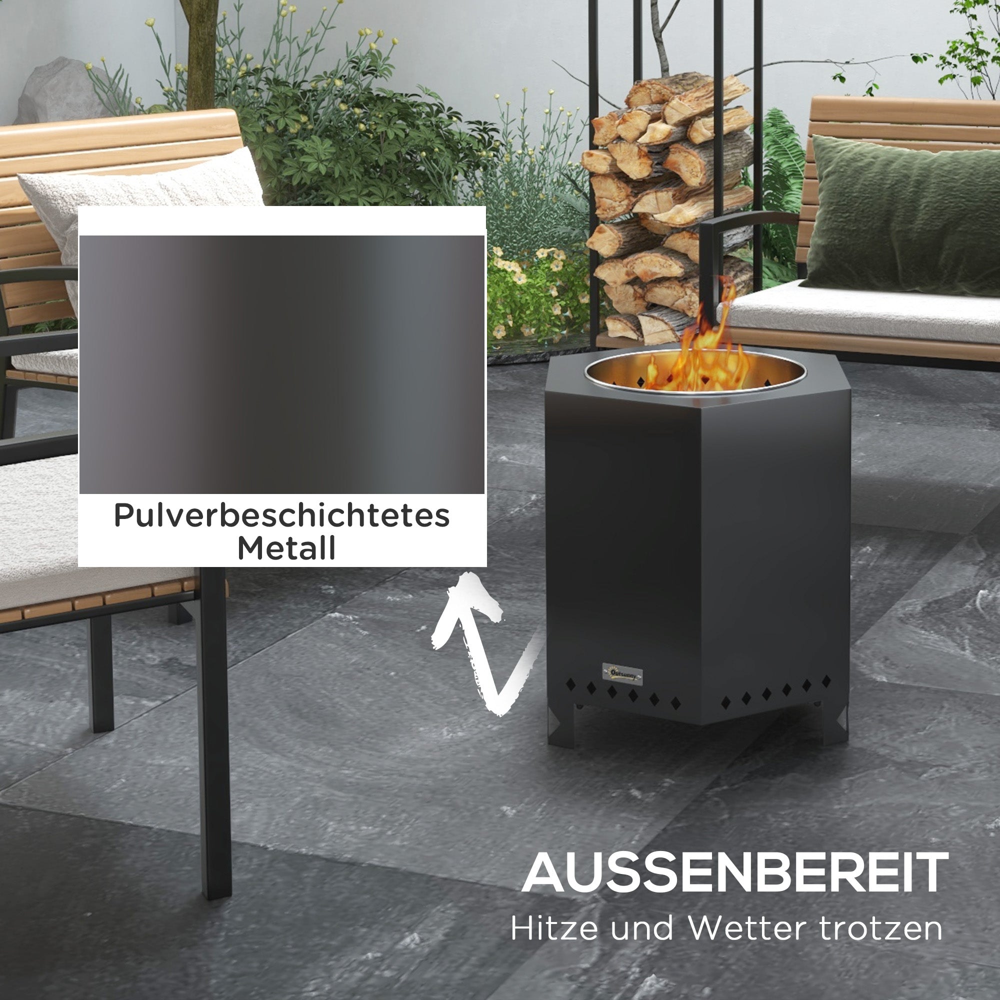 Outsunny Feuerschale Feuerstelle Feuertonne, inkl. Schürhaken, 45 x 38,8  x 46,5 cm, Silber + Schwarz