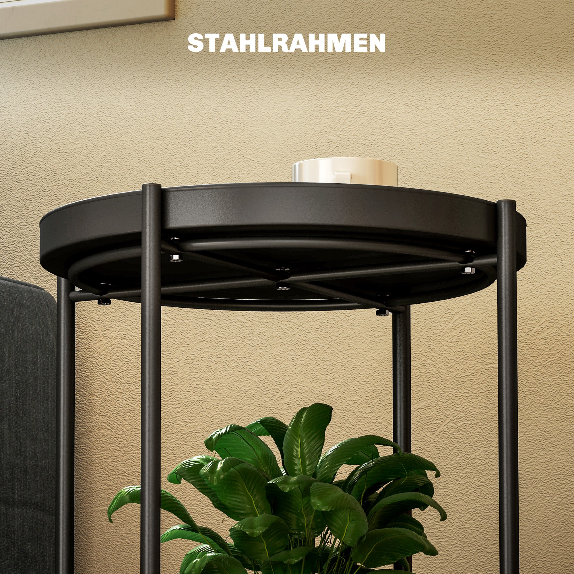 HOMCOM Runder Beistelltisch mit Regalboden, 2-stufiger Kaffeetisch für Wohnzimmer, Schlafzimmer, kleine Räume, Metall, Schwarz