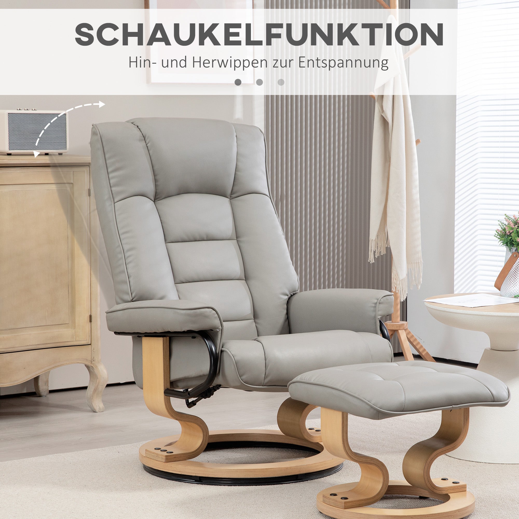HOMCOM Relaxsessel mit Hocker, drehbar & neigbar, Kunstlederbezug, bis 150 kg, Holzgestell, Grau