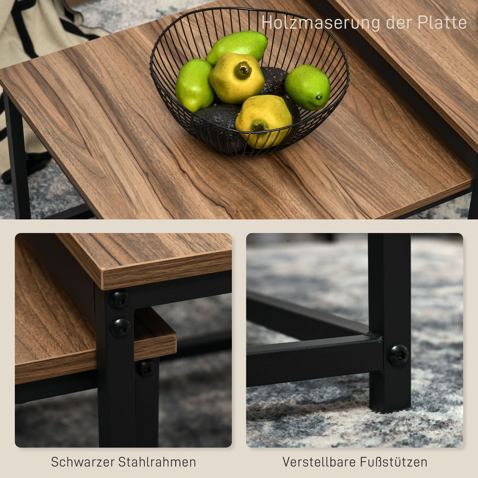 HOMCOM Satztisch-Set aus 2 Beistelltischen, Industrial Design, schwarzer Stahlrahmen, Tischplatte in Holzoptik