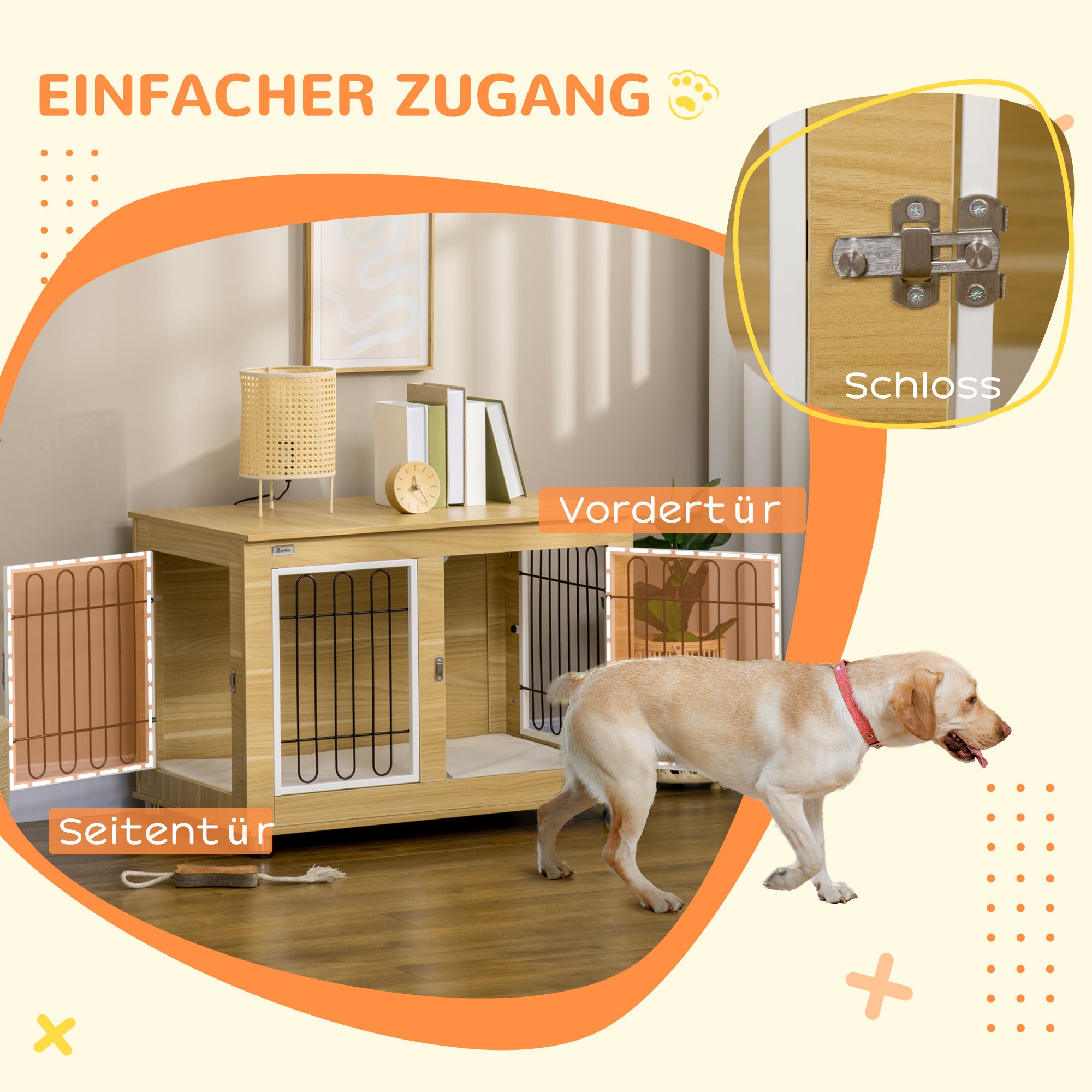 PawHut Hundekäfig, waschbares Kissen, Hundebox, 2 Verriegelungen, 90 cm x 58 cm x 65 cm, Natur + Schwarz + Weiß