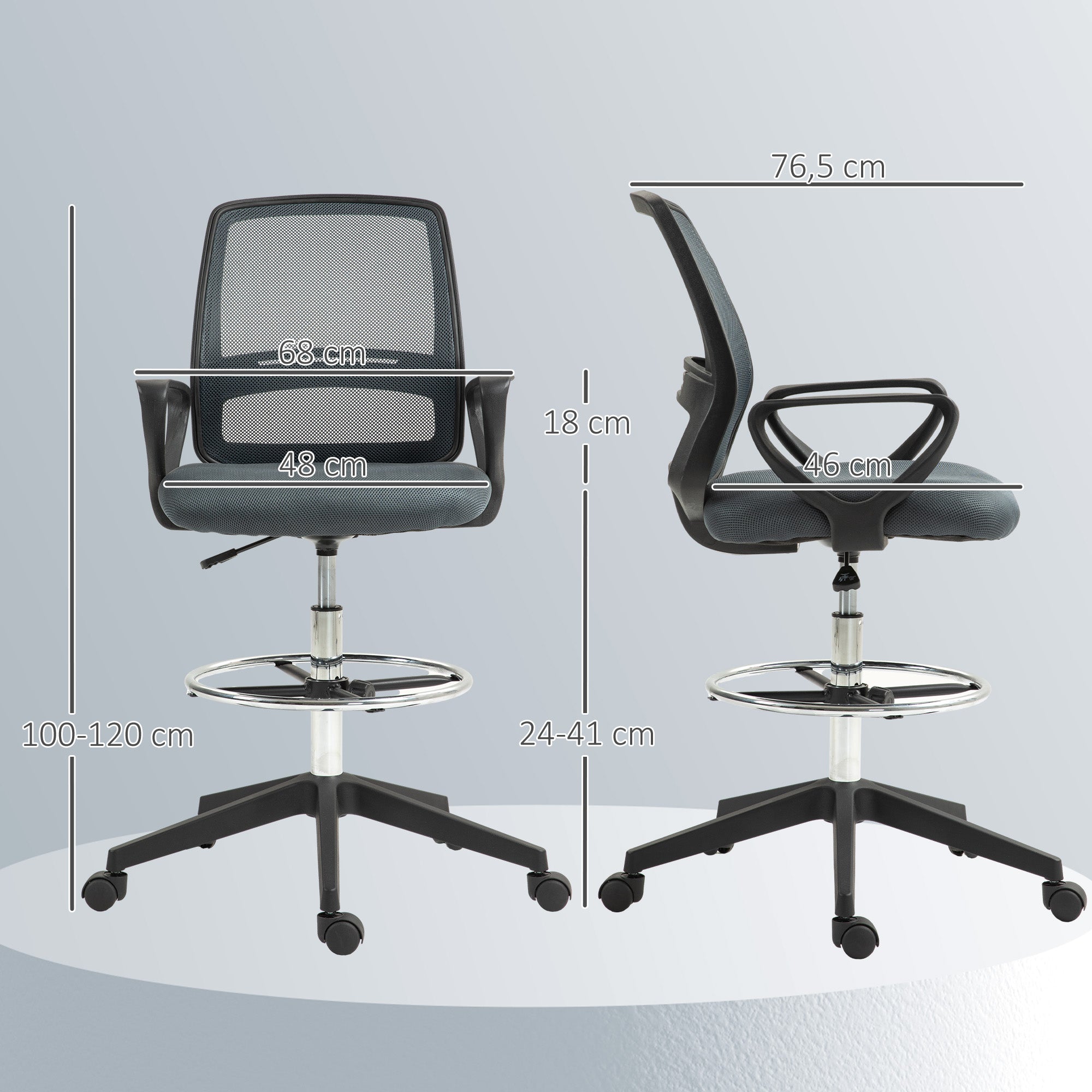 Vinsetto Bürostuhl Ergonomischer Schreibtischstuhl mit Armlehnen und Verstellbarer Fußring Netzbespannung Grau