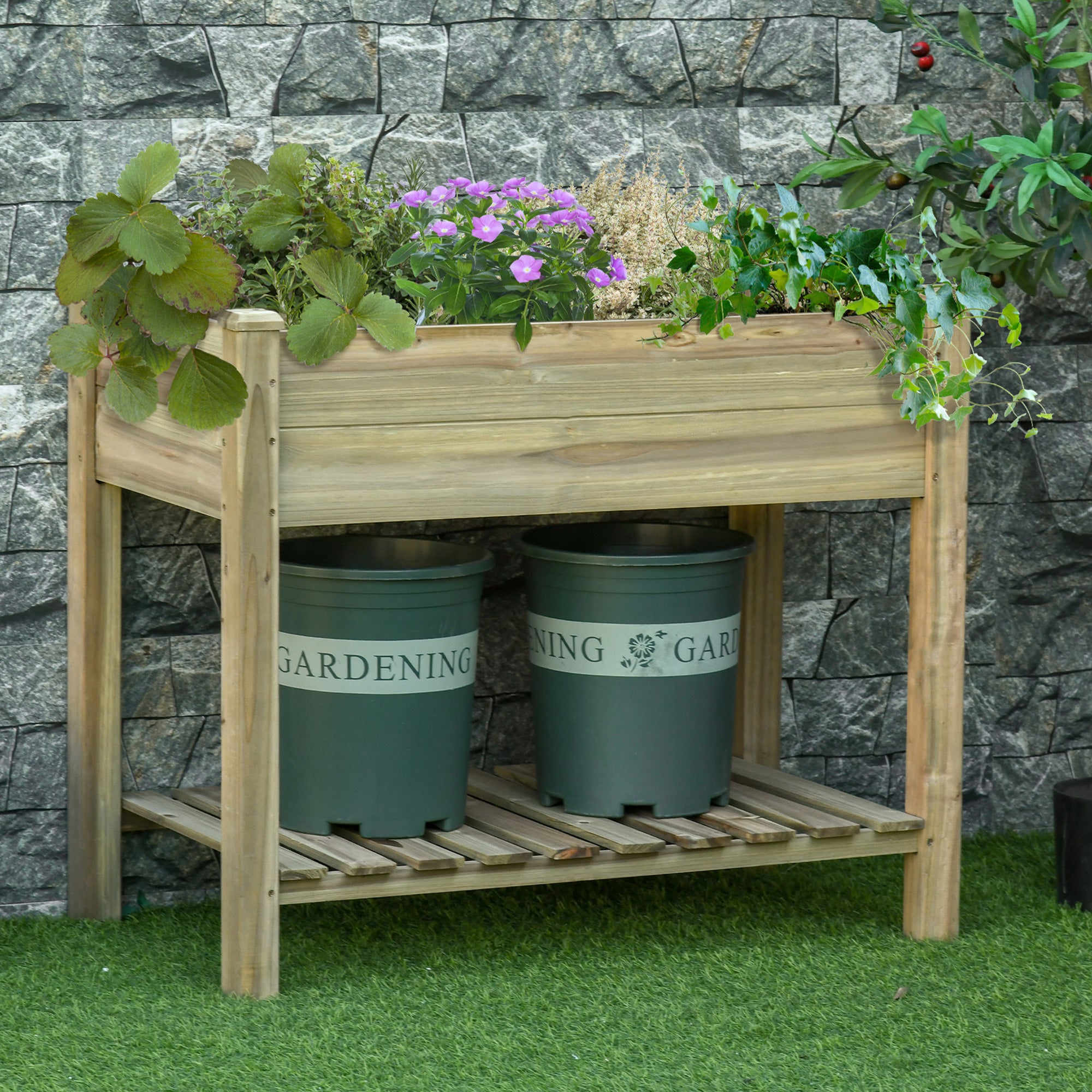 Outsunny Hochbeet, Erhöhter Pflanzkübel aus Holz mit unterem Regal, robuste Konstruktion, Ablauflöcher, 91L x 51B x 76H cm, Grün