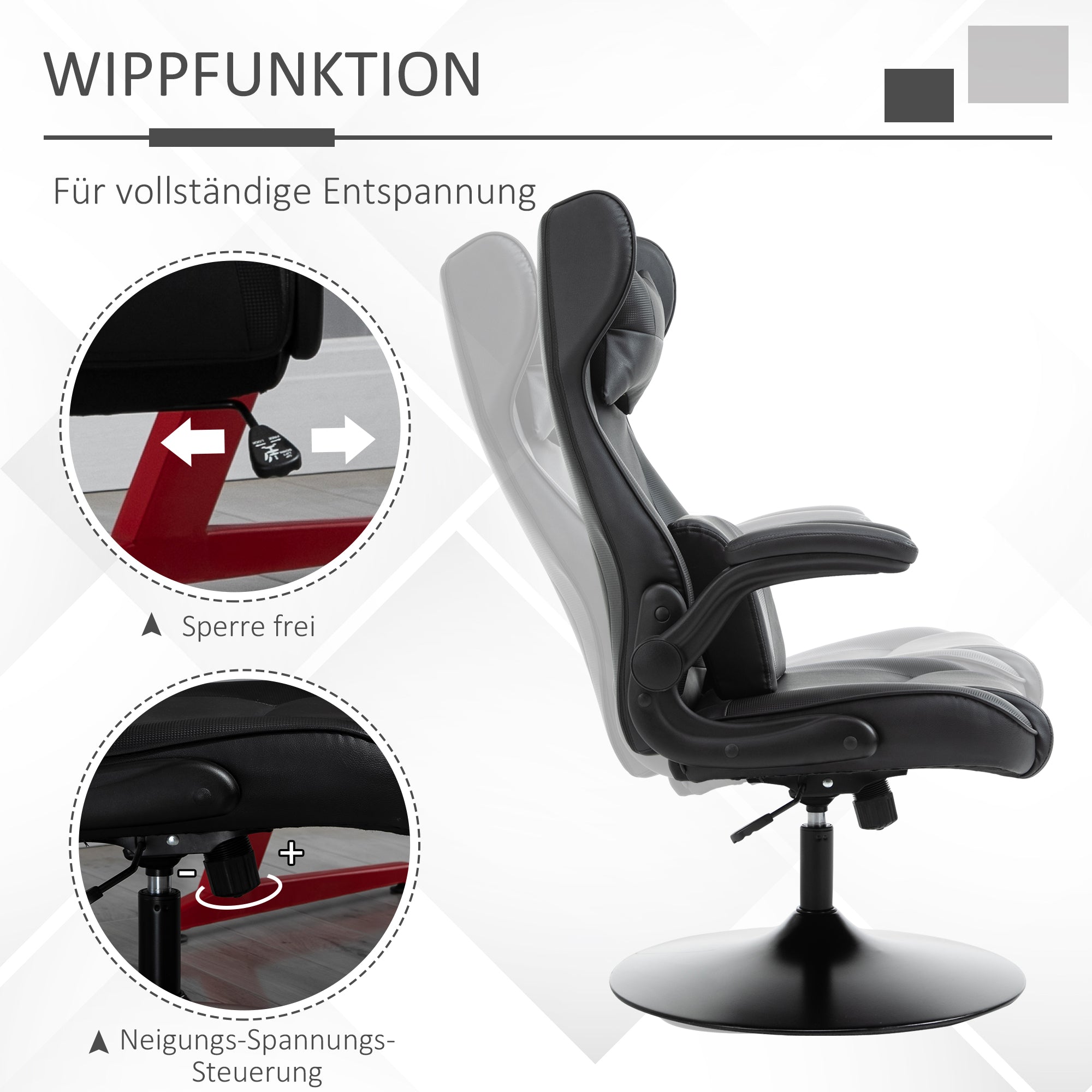 Vinsetto Gaming-Stuhl, Wippfunktion, Lendenkissen, höhenverstellbar, Kunstleder, 67x71x112 cm, Schwarz