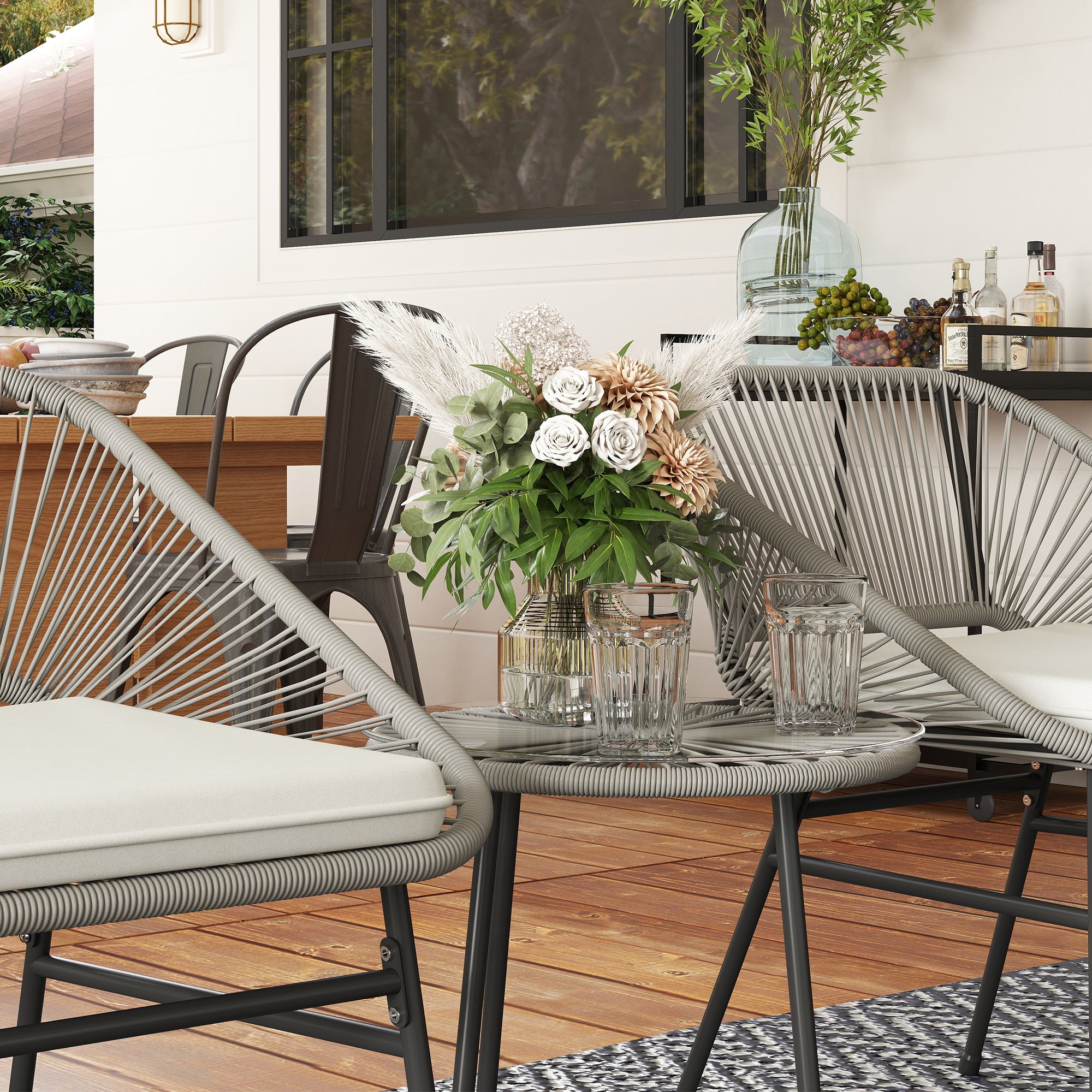 Outsunny 3-teiliges Outdoor-Möbelset, 1 Tisch, 2 Stühle, Rattan-Geflecht, Stahlrahmen, Kaffeetisch mit Glasplatte, Dunkelgrau