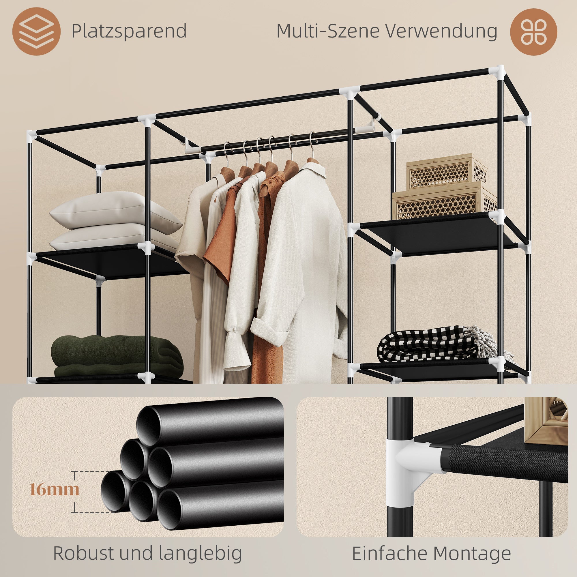 HOMCOM Stoffschrank aus Vlies, Faltschrank, 1 Kleiderstange, 9 Regale, 150 cm x 43 cm x 162,5 cm, Schwarz