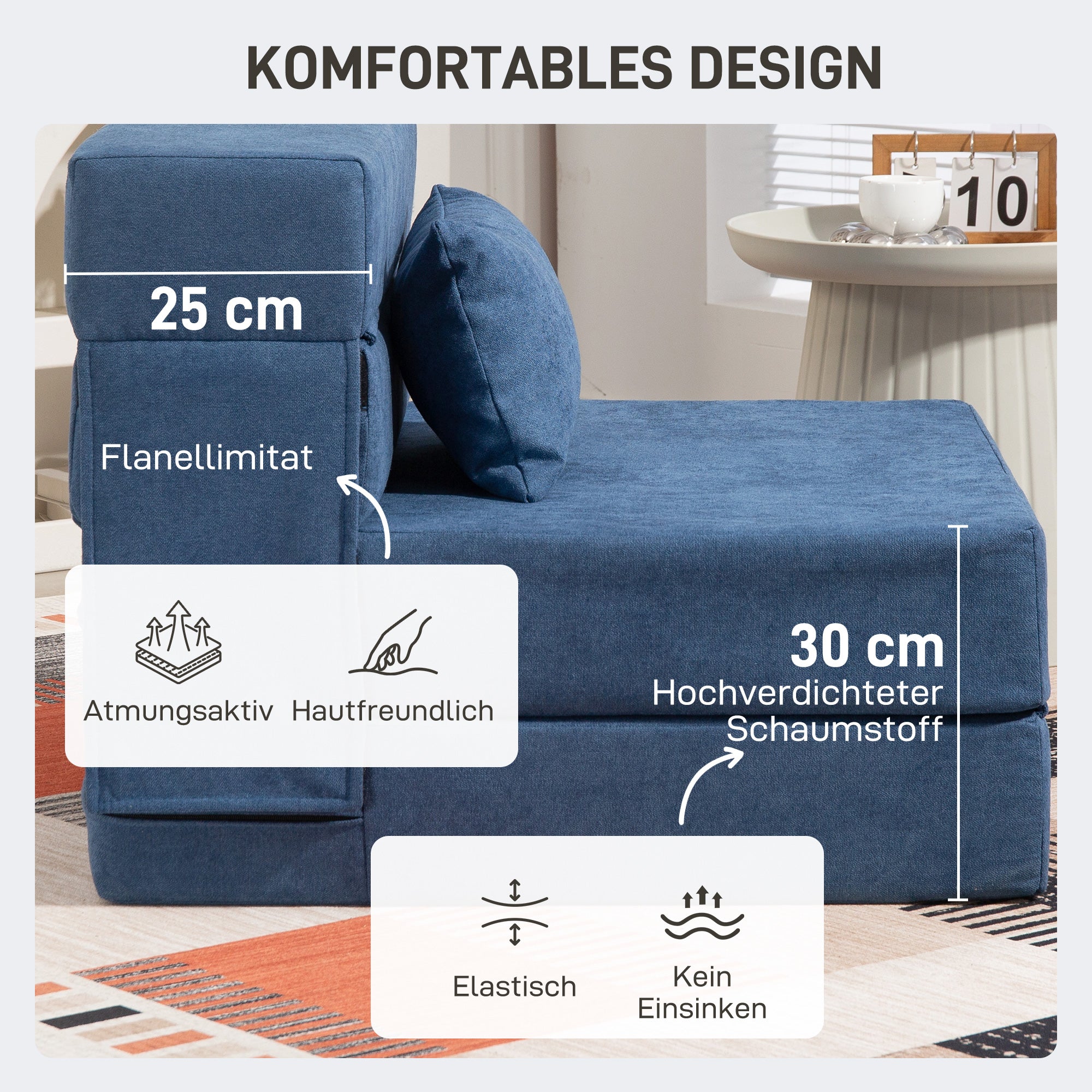 HOMCOM Bodensofa, Polstercouch, in Matratze umwandelbar, Schaumstoff, Kissen, Dunkelblau