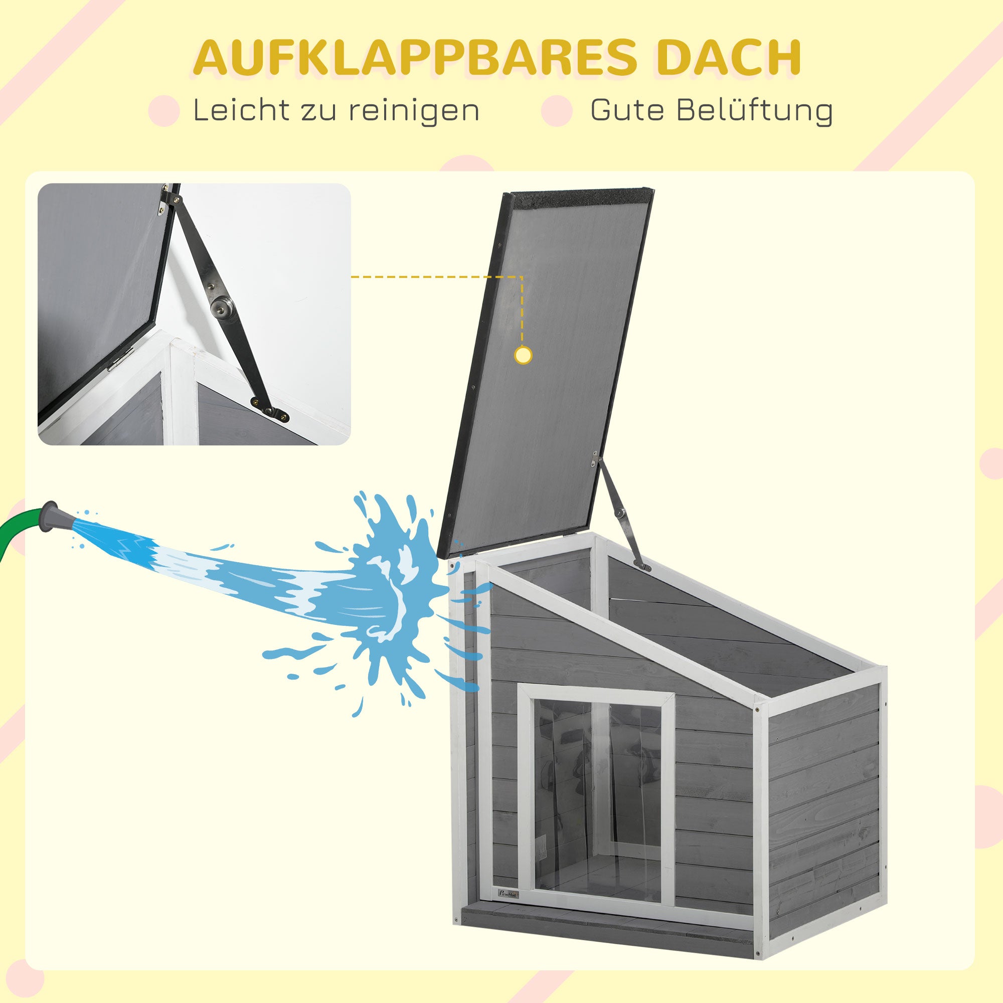 PawHut Hundehütte aus Massivholz, wetterbeständig, Asphaltdach, 71 cm x 58 cm x 77 cm, Grau + Weiß