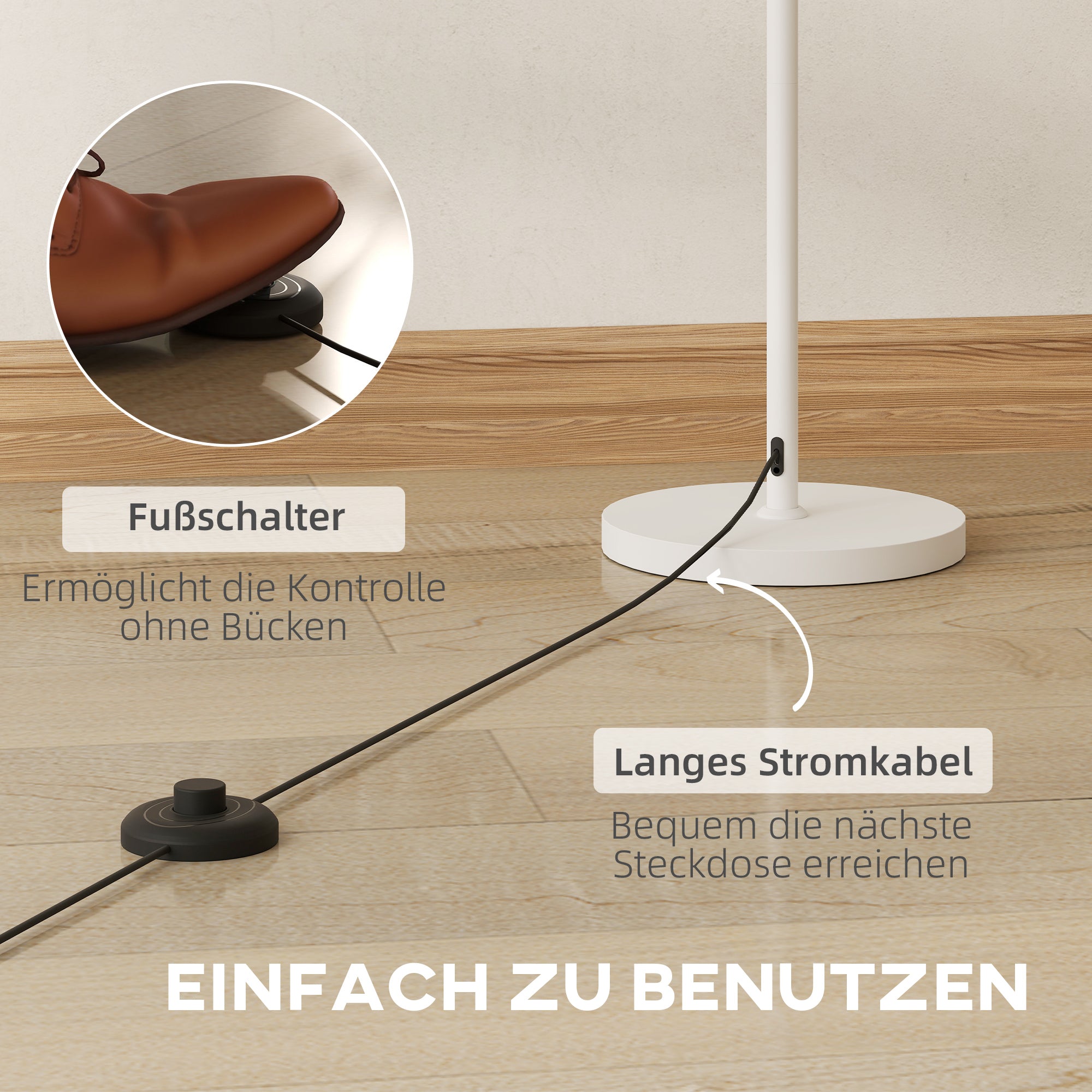 HOMCOM Stehlampe im Retro-Stil, Kunststoff-Lampenschirm, Fußschalter, Metallstab, Weiß