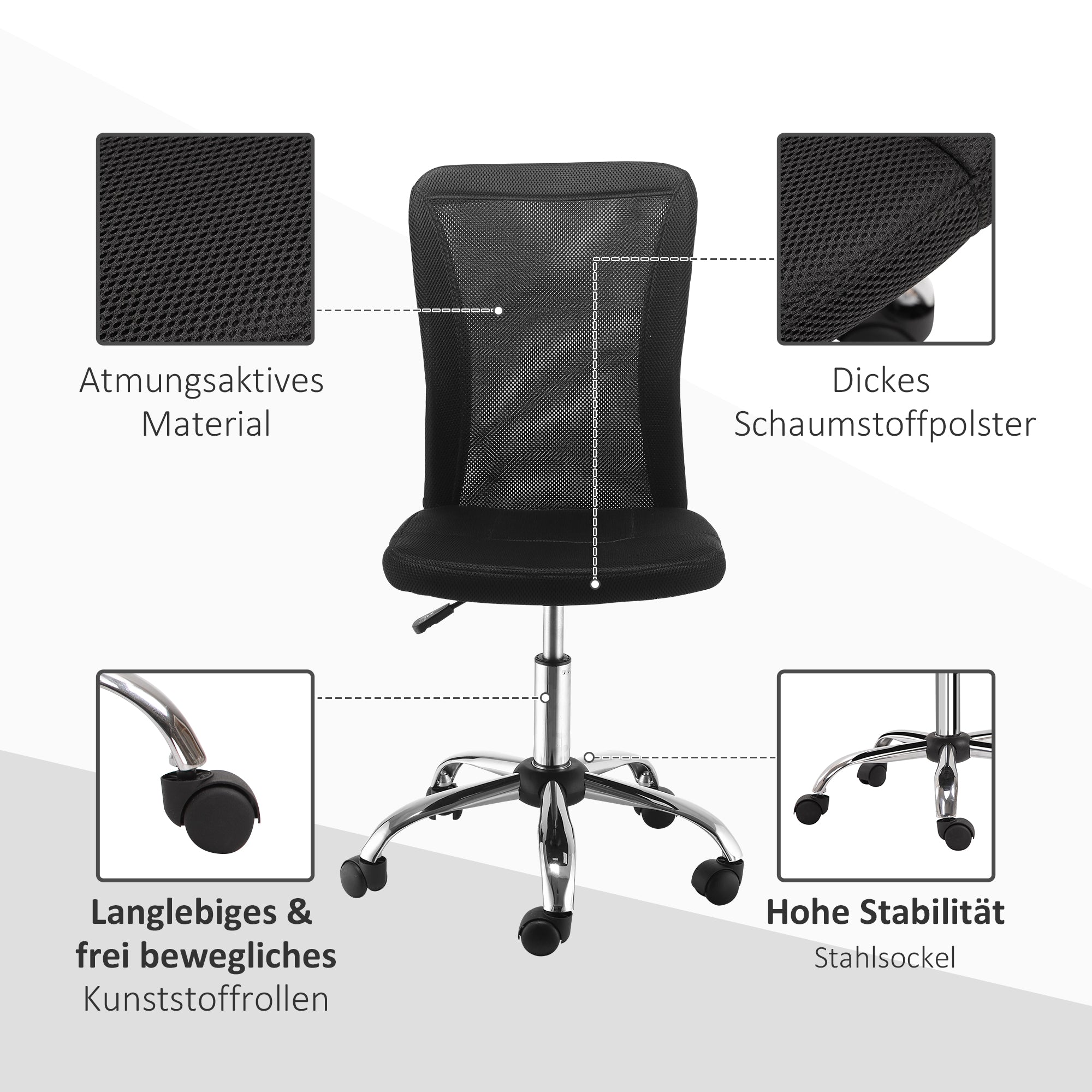 Vinsetto Bürostuhl Schreibtischstuhl, höhenverstellbar, Mesh, 43 cm x 58 cm x 100 cm, Schwarz