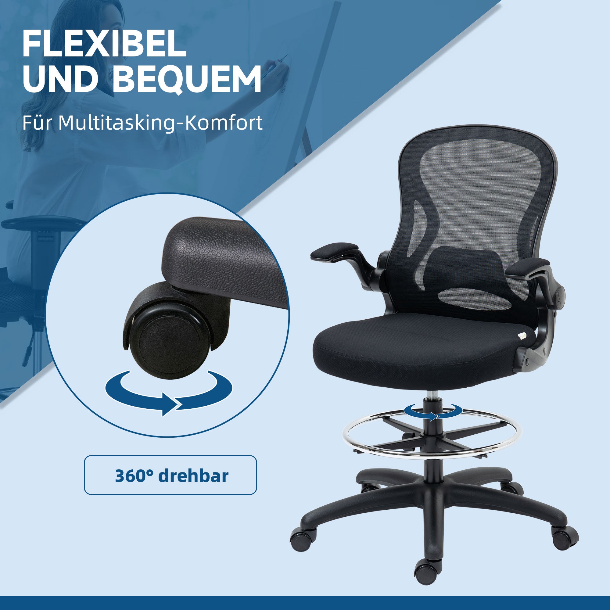 Vinsetto Zeichenstuhl, höhenverstellbarer Bürostuhl, mit Fußstütze, 59 cm x 65 cm x 122 cm, Schwarz