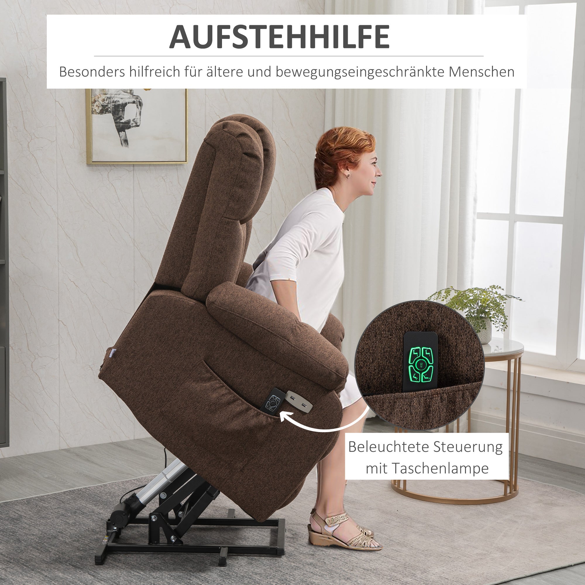 HOMCOM Aufstehsessel mit Liegefunktion und Fernbedienung 92 x 95 x 107 cm, Braun