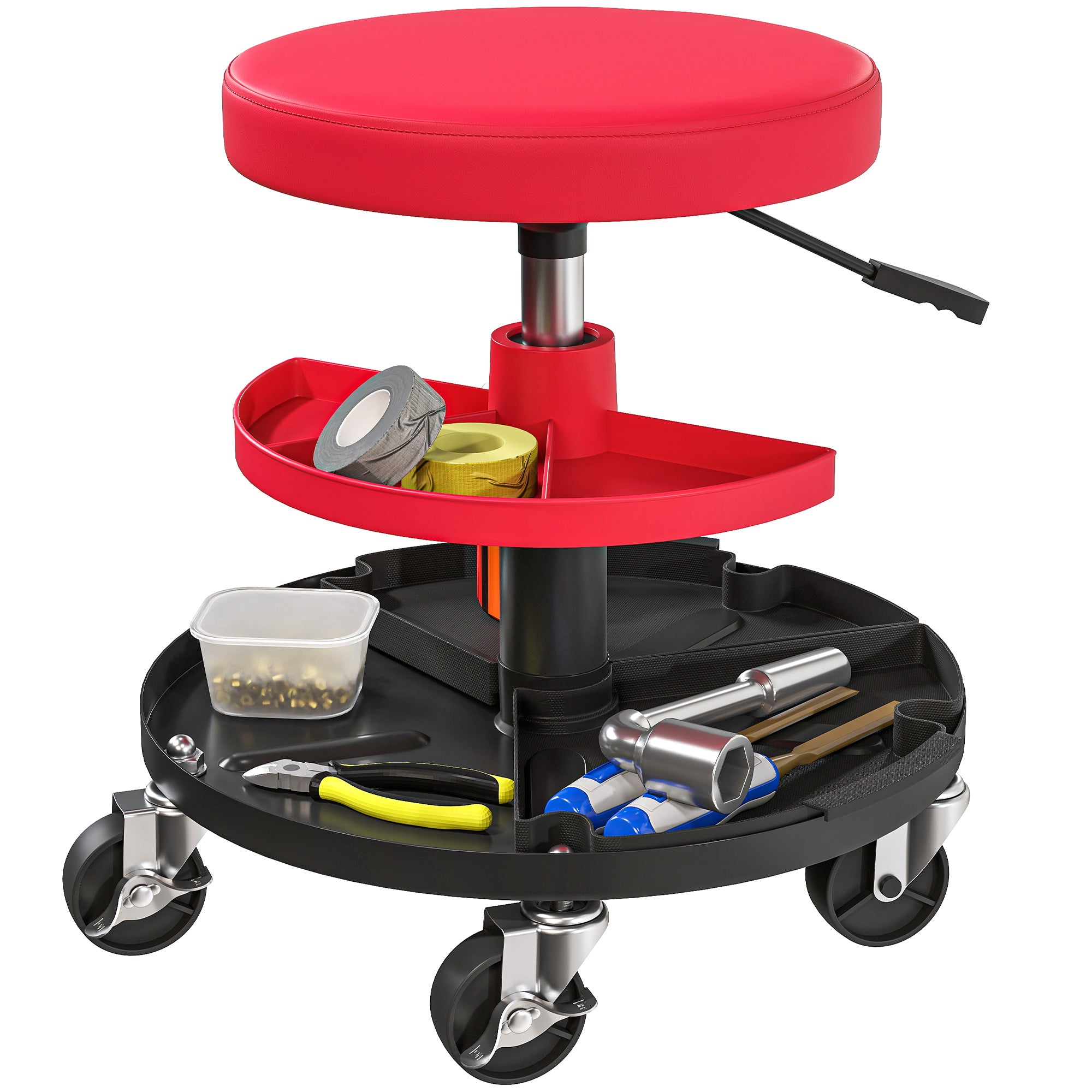 HOMCOM Werkstatthocker mit Rollen Tabletts höhenverstellbar 40-51cm Rollhocker bis 135 kg belastbar Rot