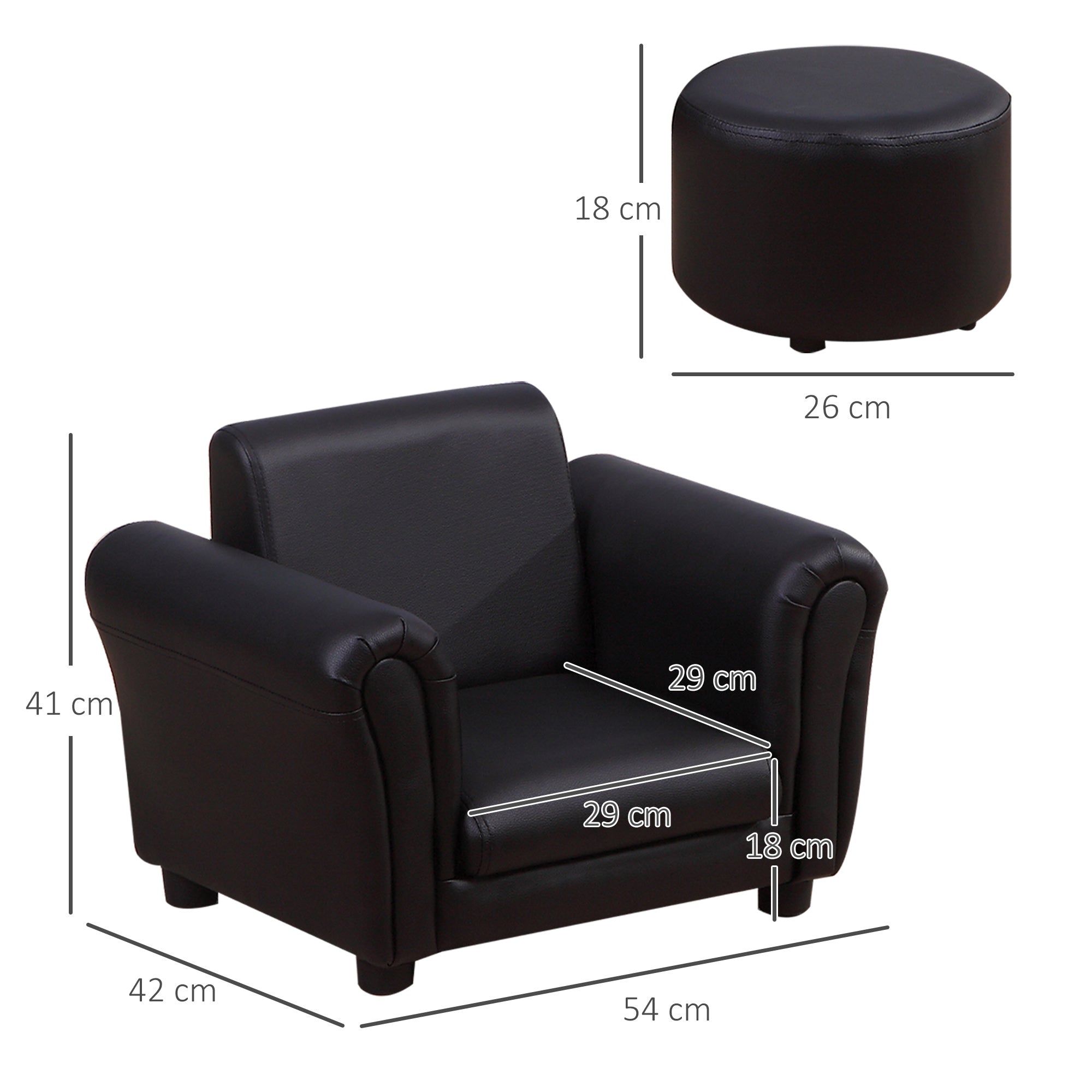 HOMCOM Kindersessel mit Fußhocker Kindercouch Kindersofa Minisofa für 1,5-3 Jahre Kinder Kindermöbel Holz Schwarz 54 x 42 x 41 cm