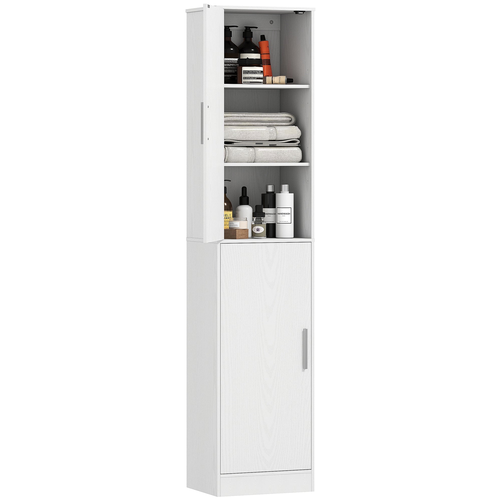 HOMCOM 180 cm hoher Badezimmerschrank, schmaler Badschrank mit 2 Türen, 4 verstellbare Regale, Spanplatte, MDF, Weiß