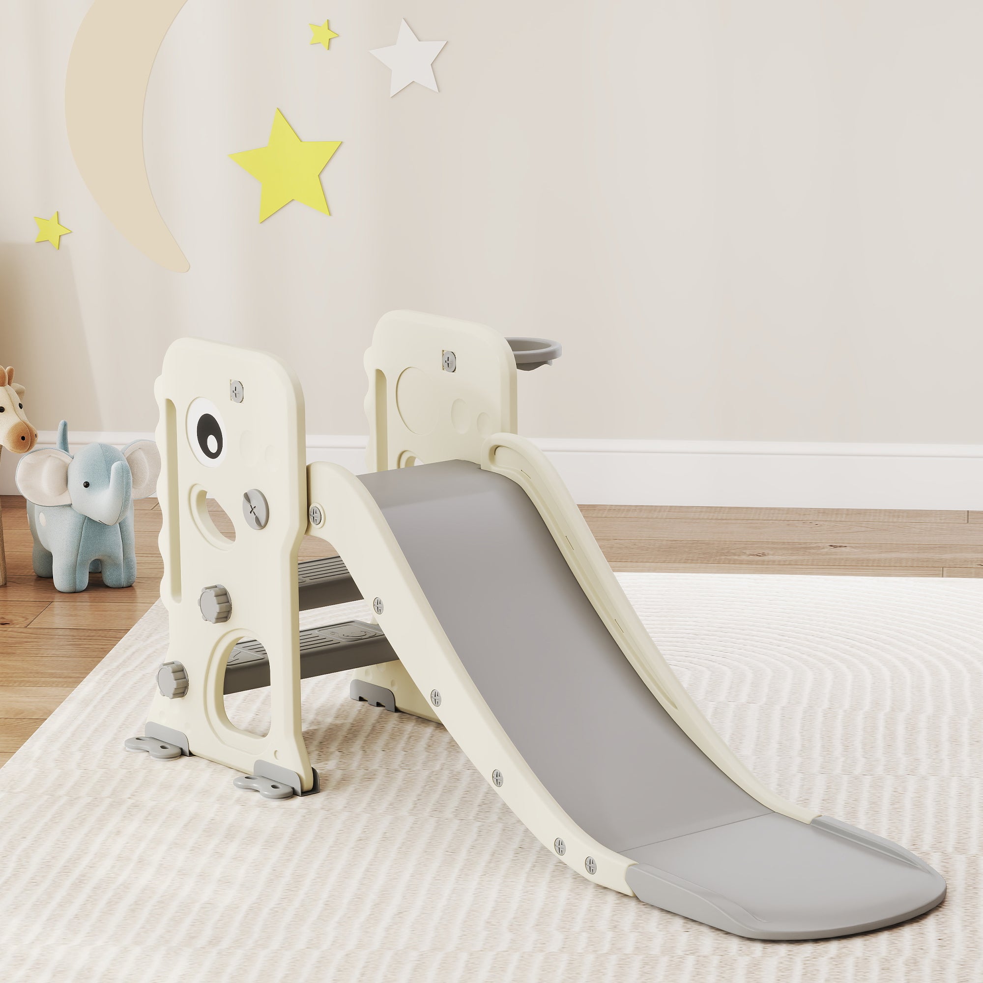 AIYAPLAY 3-in-1-Kinderrutsche mit Klettergerüst, Basketballkorb Ball, faltbare Indoor-Kleinkindrutsche für Kinder 2–5 Jahren