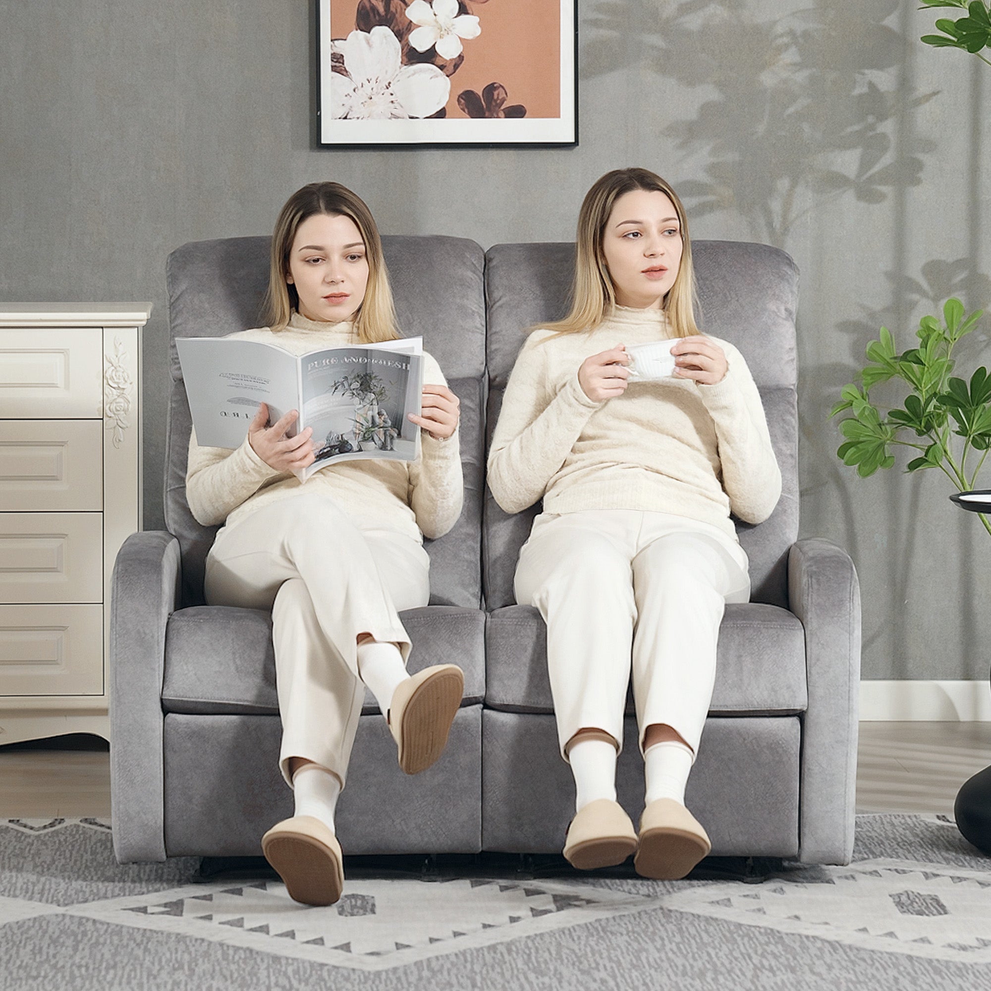 HOMCOM Doppelsitz-Sessel, Relaxsessel mit verstellbarer Doppellehne und Fußablage, für Wohnzimmer, Stoffbezug, Grau