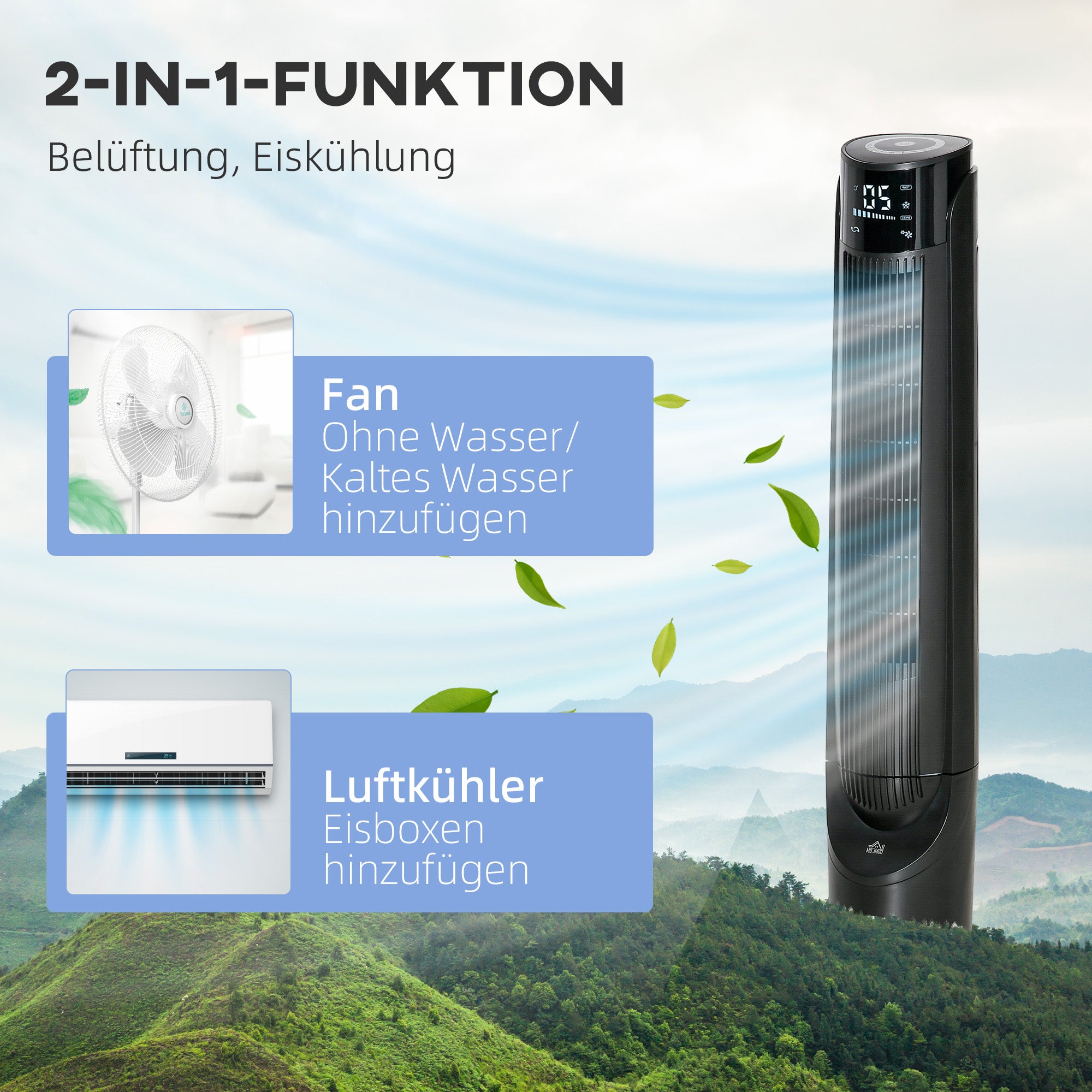 HOMCOM Turmventilator, Klimaanlage mit 4 Modi, 3 Geschwindigkeiten, Timer, Kunststoff