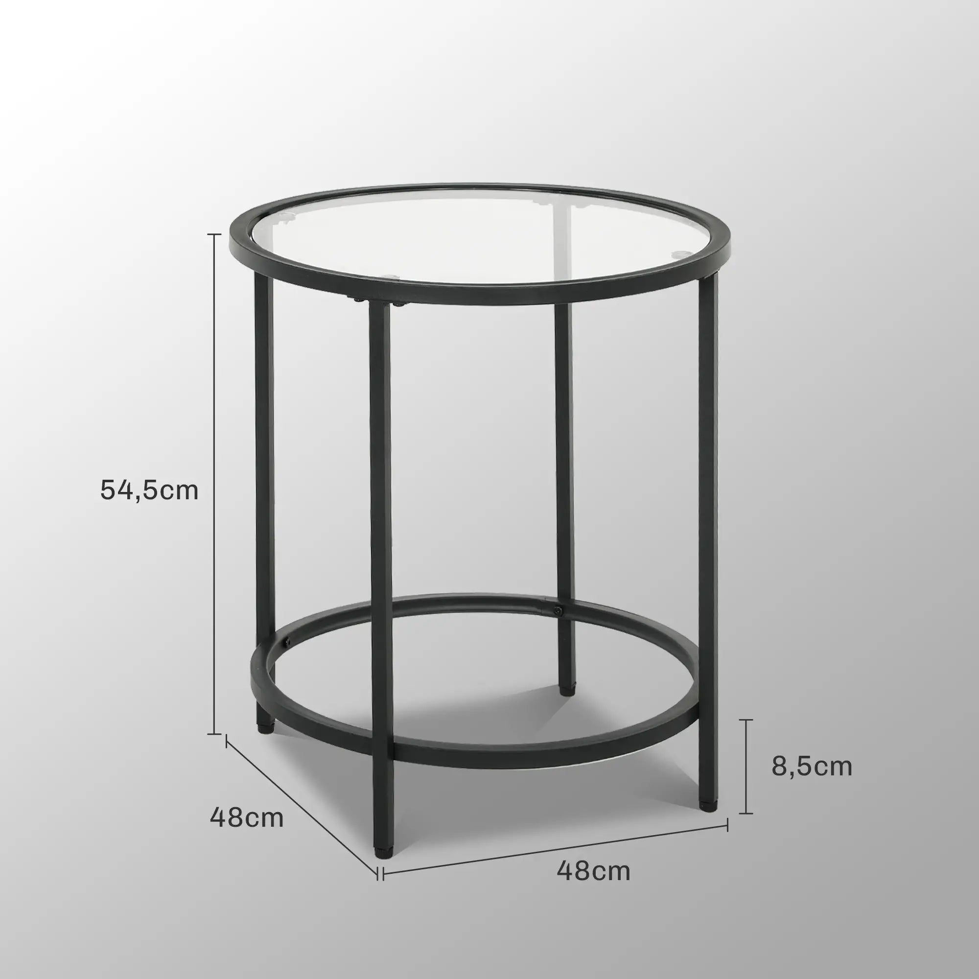 HOMCOM Runder Beistelltisch mit Glasplatte und Metallrahmen, kleiner Kaffeetisch für Wohnzimmer, Schlafzimmer, Schwarz