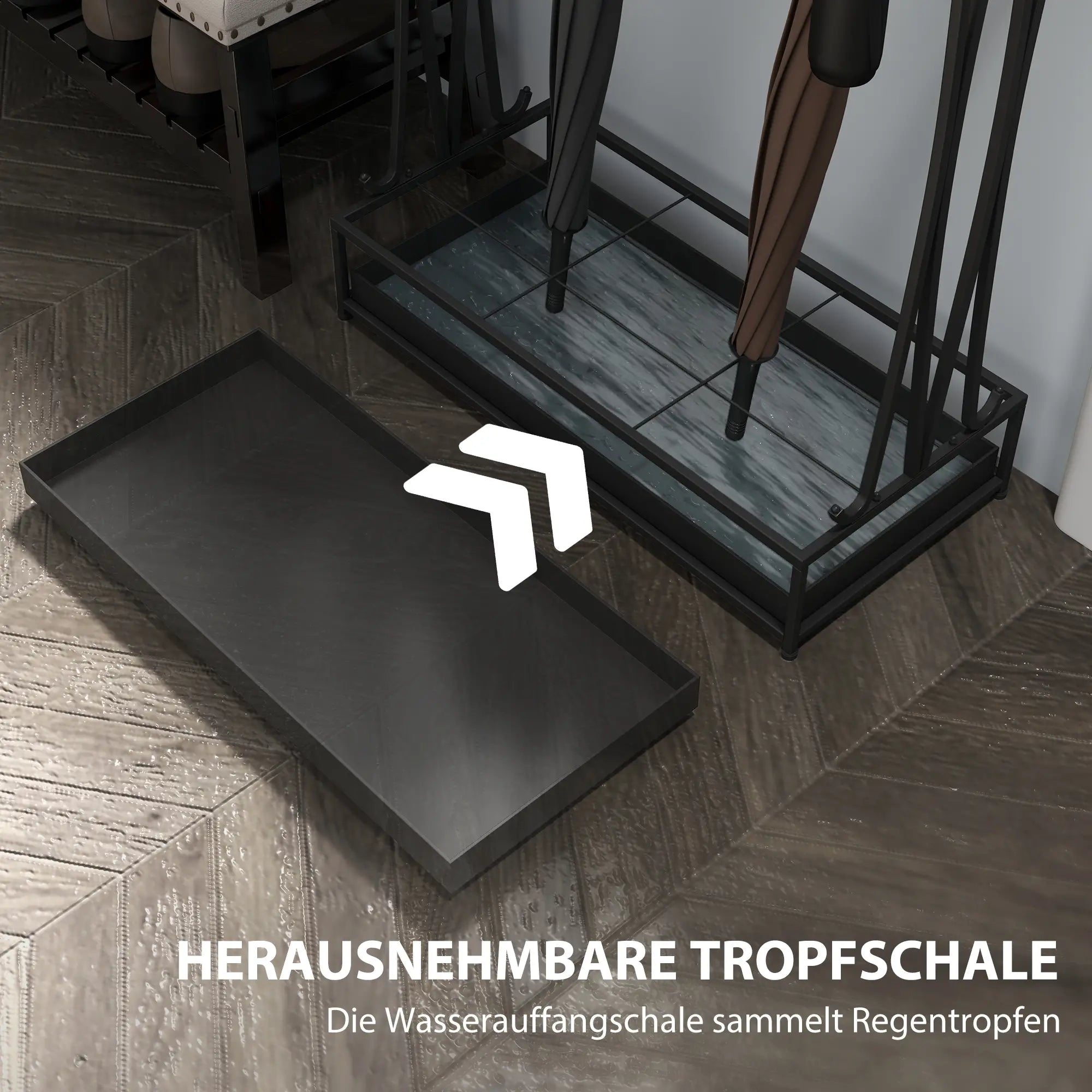 HOMCOM Schirmständer mit herausnehmbarer Tropfwasserschale, Regenschirmständer mit 21 Öffnungen und 24 Haken, Stahl, Schwarz