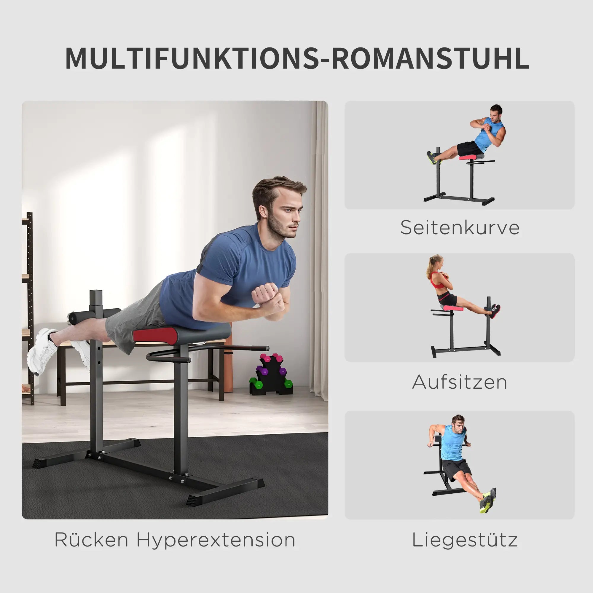 SPORTNOW Rückentrainer & Bauchtrainer – 6-fach verstellbar, Stahl, Schwarz