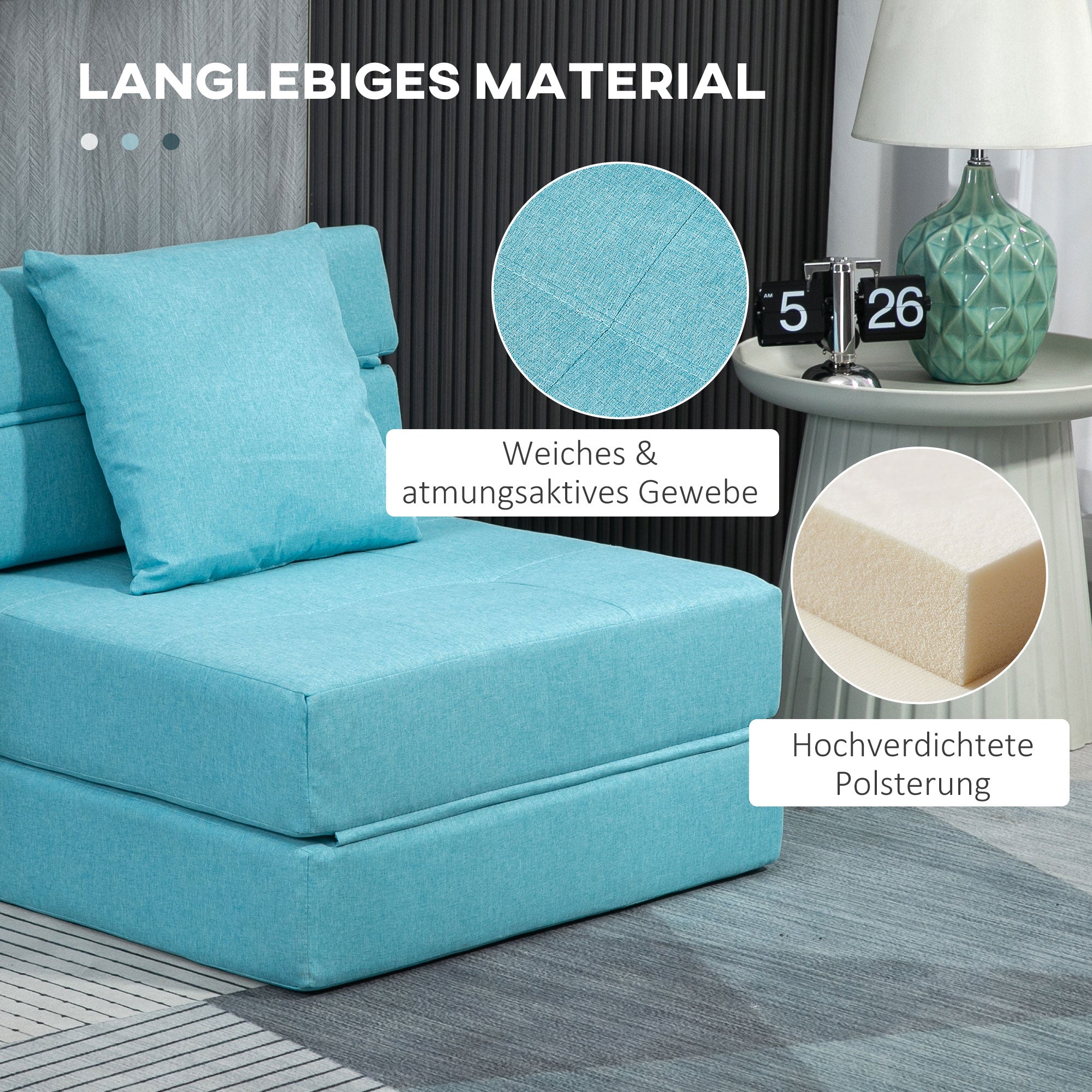 HOMCOM Schlafsessel Relaxsessel Gästebett. abnehmbarer Bezug, 70 cm x 70 cm x 61 cm, Hellblau