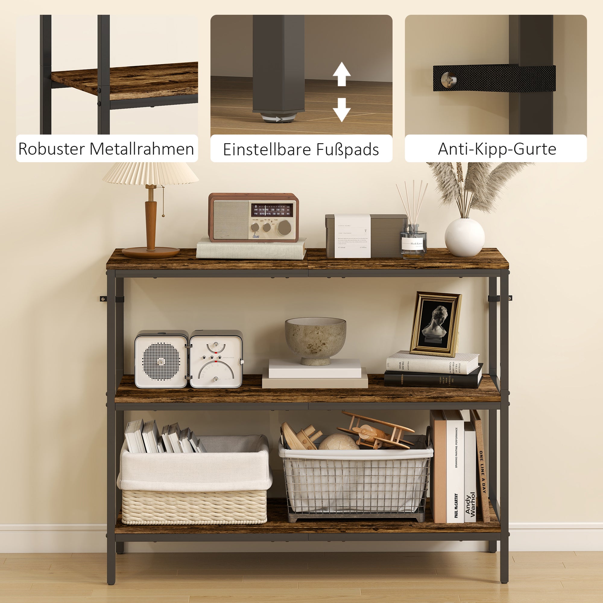 HOMCOM Konsolentisch, Beistelltisch mit 3-stufigem Regal, Spanplatte, Metall, Hellbraun