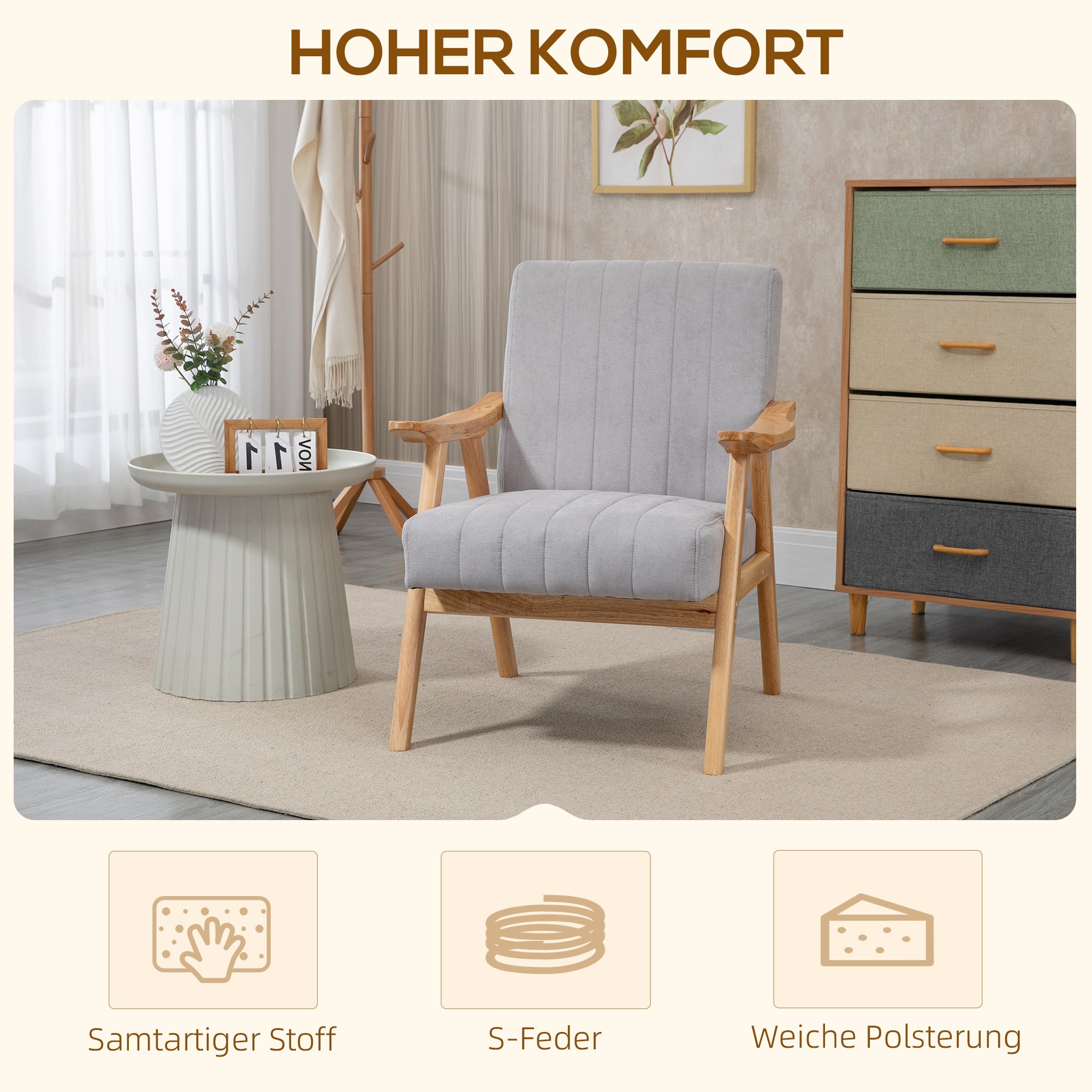 HOMCOM Sessel im Skandi-Design, bis 120 kg, Samtoptik, Massivholz; 68 cm x 74 cm x 82 cm, Natur + Grau