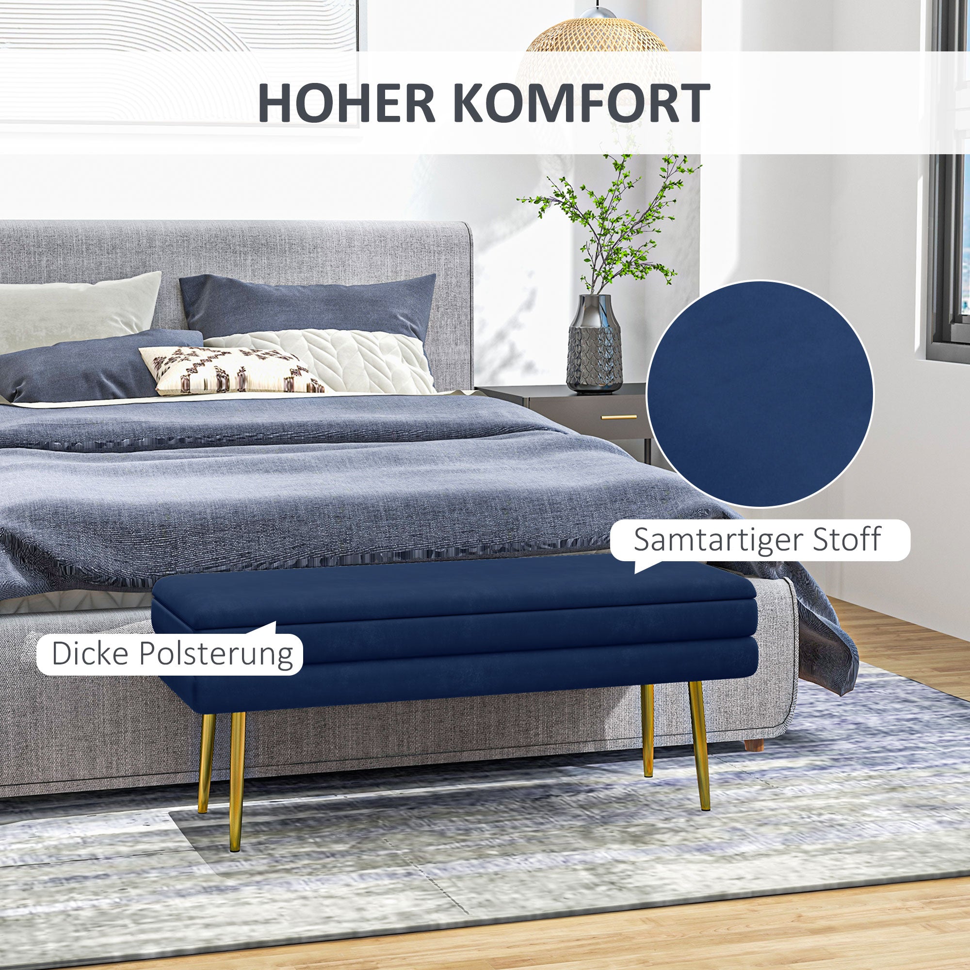 HOMCOM Sitzbank Polsterbank, mit Stauraum, Stahl, 100 cm x 37,5 cm x 42 cm, Blau