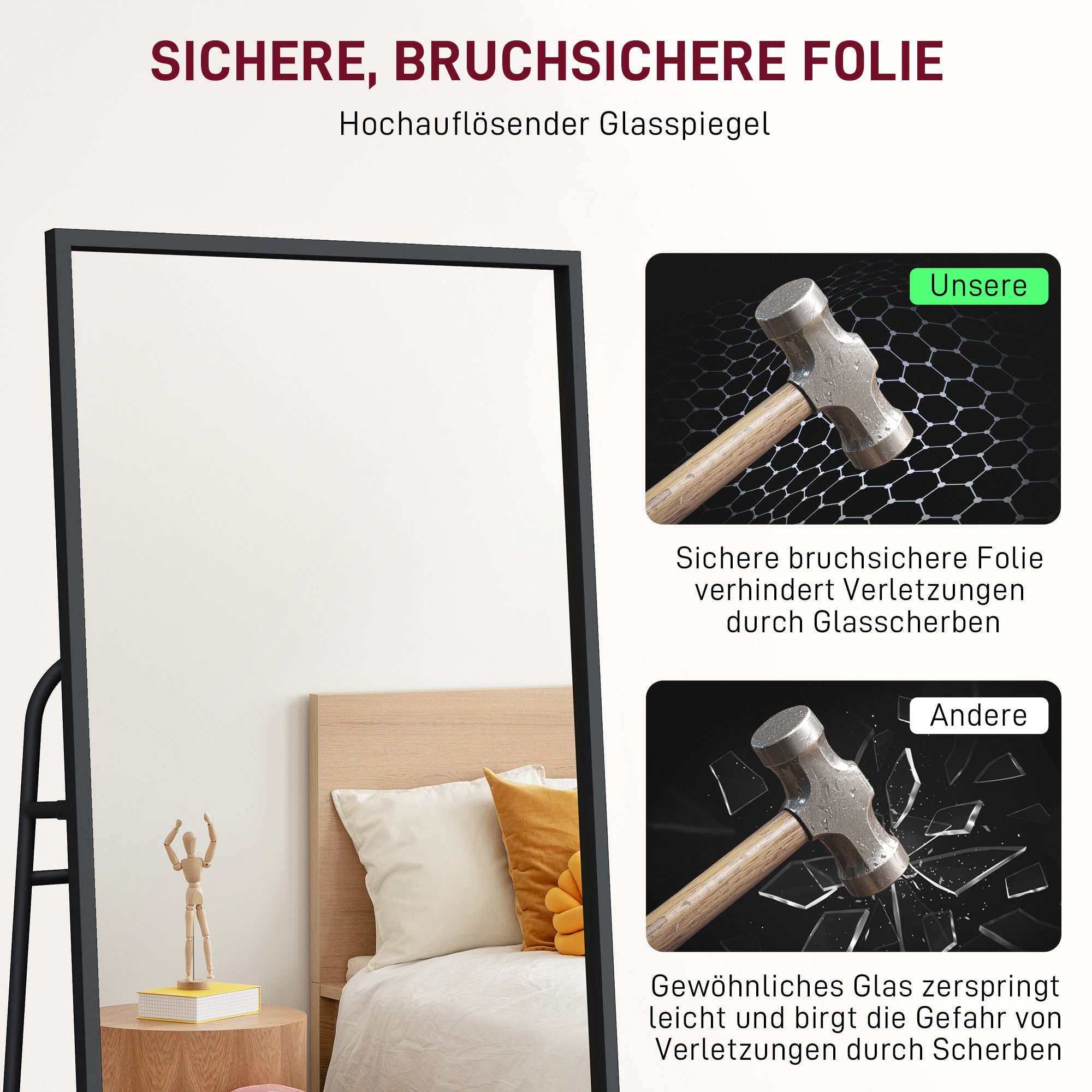 HOMCOM Ganzkörperspiegel, industrielles Design, hinteres Regal, 2 Haken, Metallrahmen, für Schlafzimmer, 157 x 50 cm, Schwarz