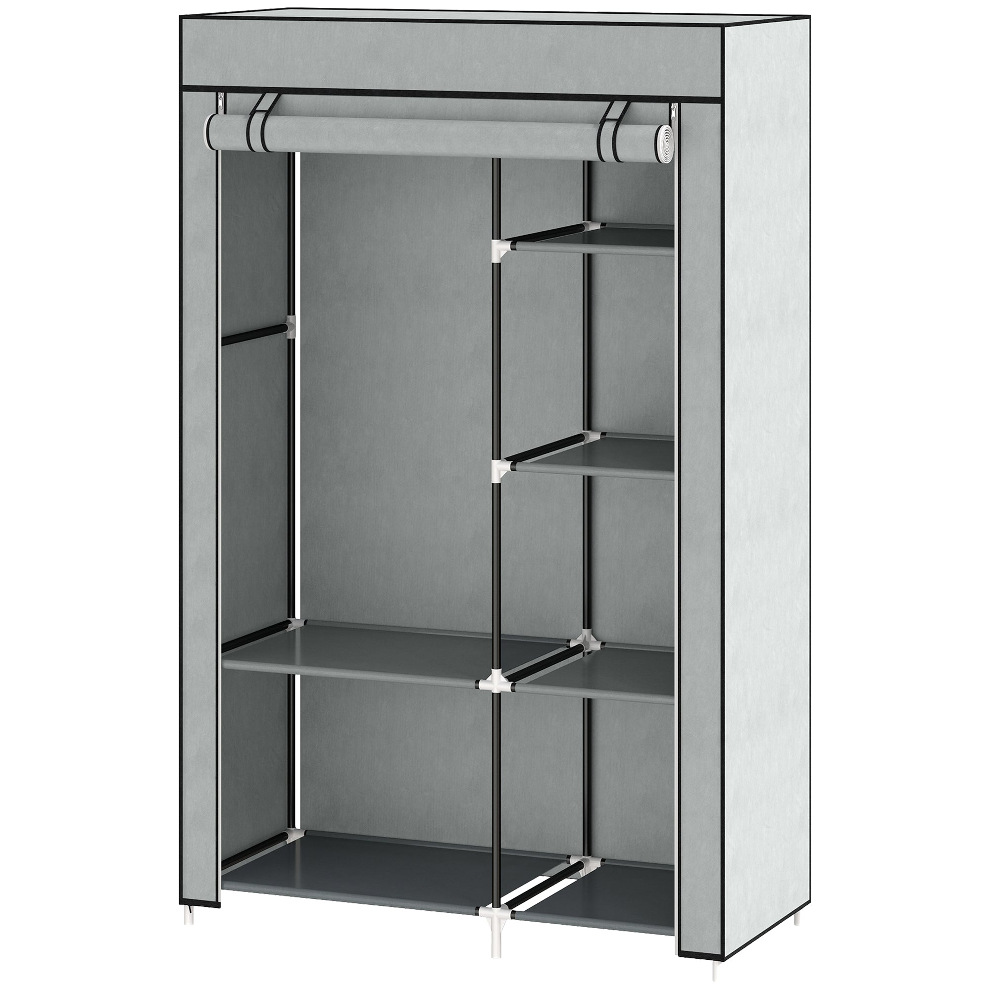 HOMCOM Schrank aus Stoff, Aufbewahrungslösung, 6 Regale, 1 Kleiderstange, Grau