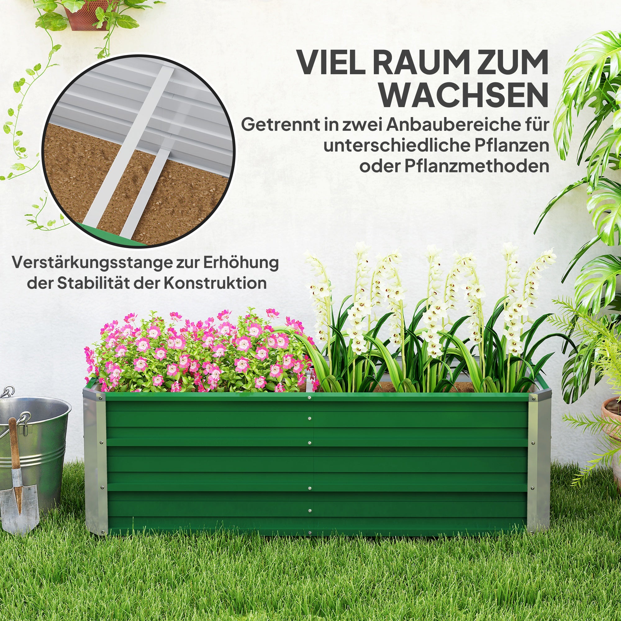 Outsunny Metall-Hochbeet, 2 separate Pflanzbereiche, offener Boden, einfacher Aufbau, 125 x 47 x 40cm, Grün