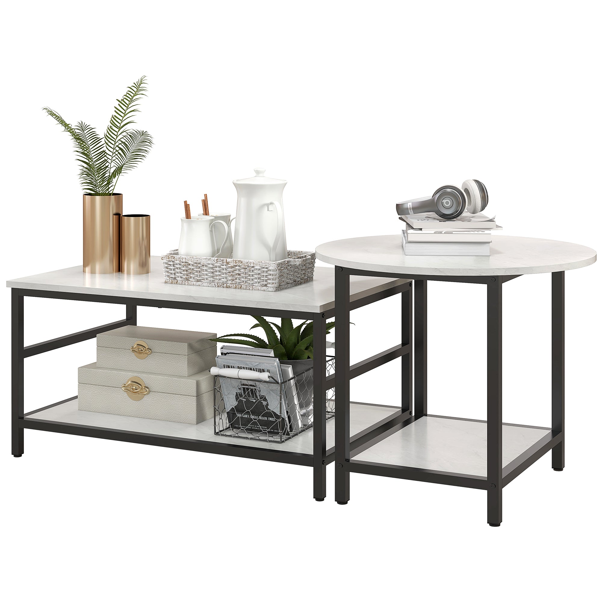 HOMCOM Couchtisch-Set, 2 Beistelltische, Marmoroptik, verstellbare Füße, Stahl, Schwarz/Weiß