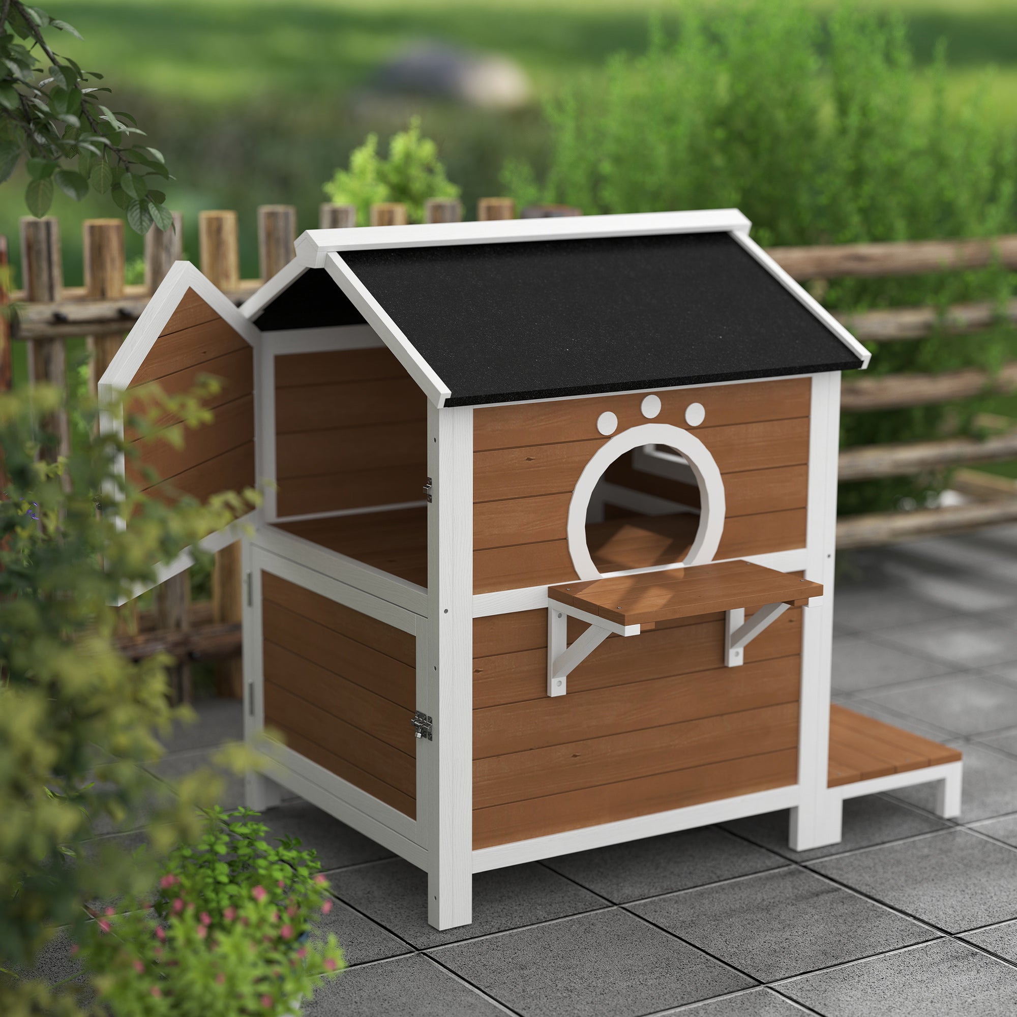 PawHut Outdoor-Katzenhaus mit wetterfestem Dach, Fenster, Balkon, herausnehmbarem Boden, 2 Ebenen, für 1-2 Katzen, Braun