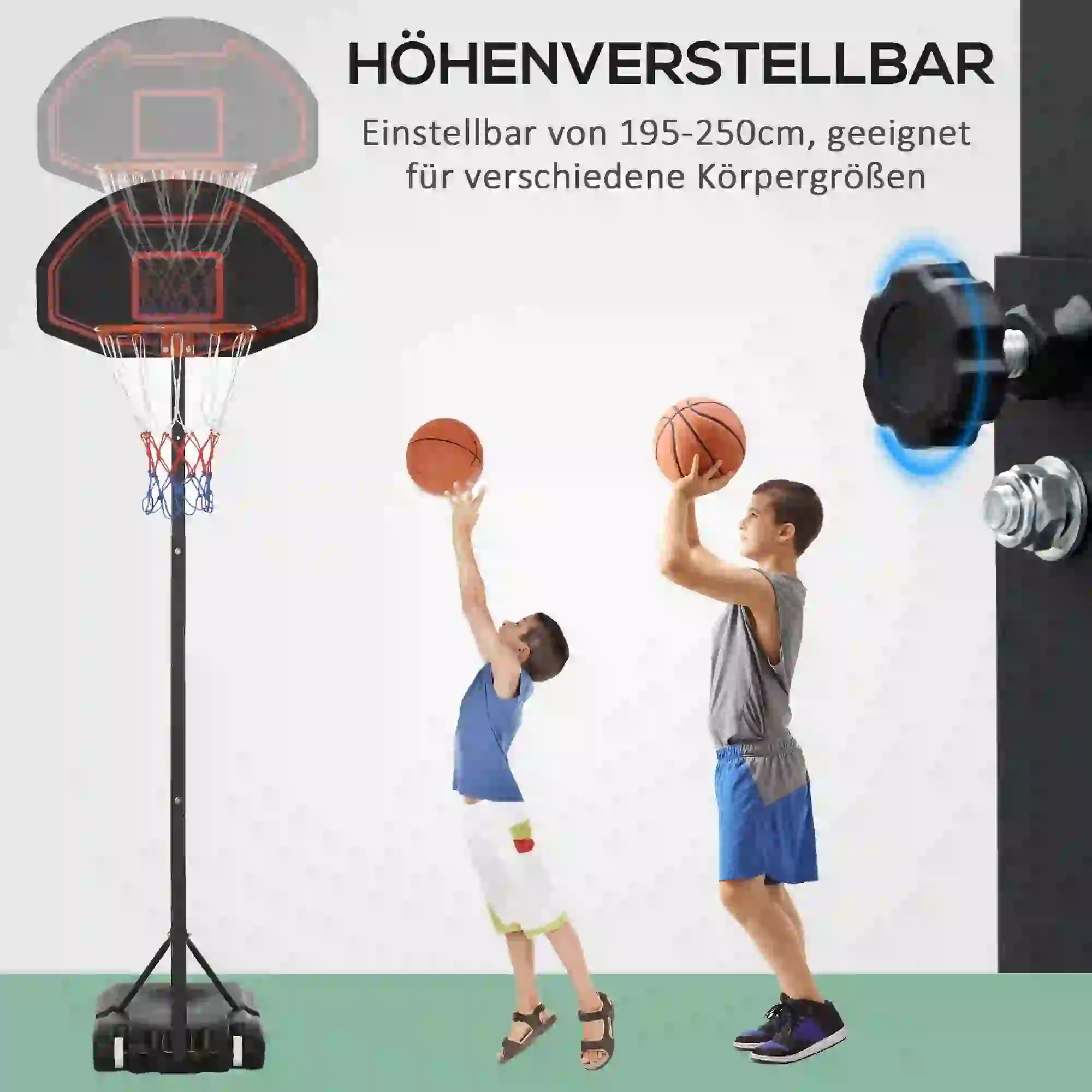 HOMCOM Basketballkorb, höhenverstellbar, befüllbarer Standfuß, hochstabil, schwarz, 131 x 49 x 195-250 cm