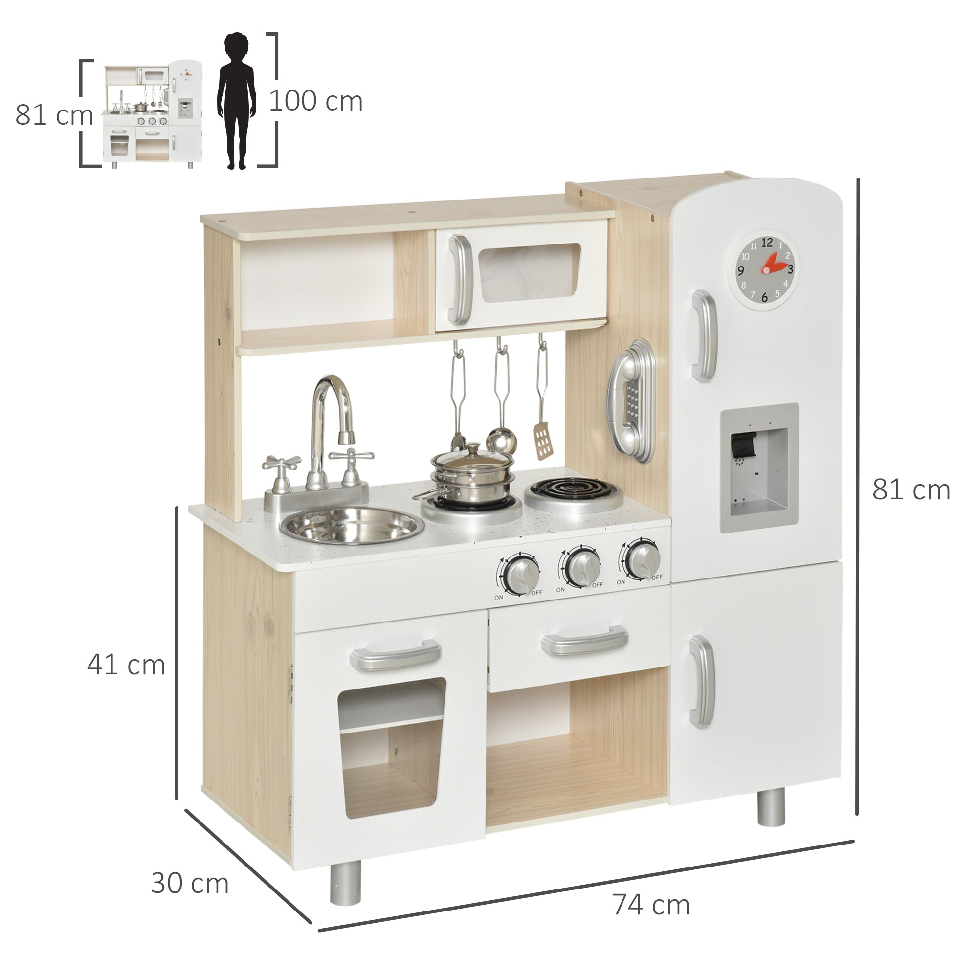 HOMCOM Kinderküche mit Zubehör, Traumküche, Spielküche, Spielzeugküche für Kinder ab 3 Jahren, Kiefer, MDF, Weiß, 74 x 30 x 81 cm