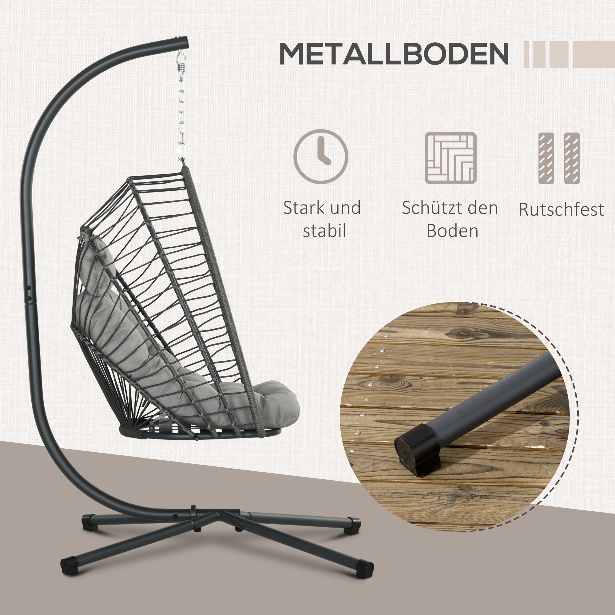 Outsunny Hängesessel Korbsessel Loungesessel, wetterbeständig, 1 Polster, 100 cm x 131 cm x 194 cm, Hellgrau