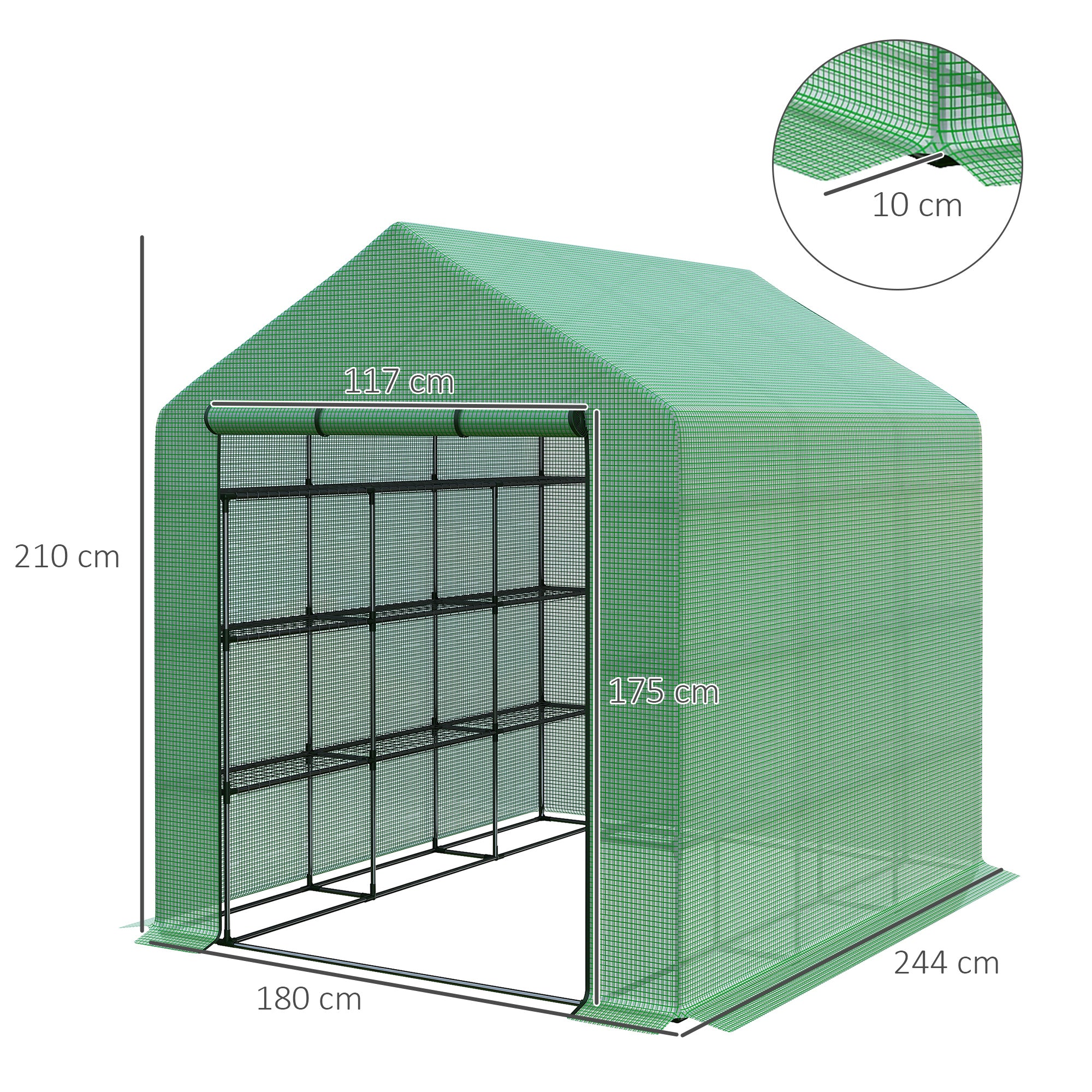 Outsunny Foliengewächshaus begehbares Gewächshaus mit 8 Regalebenen Tomatengewächshaus Treibhaus Frühbeet mit Tür Grün Stahl PE-Kunststoff 244 x 180 x 210 cm