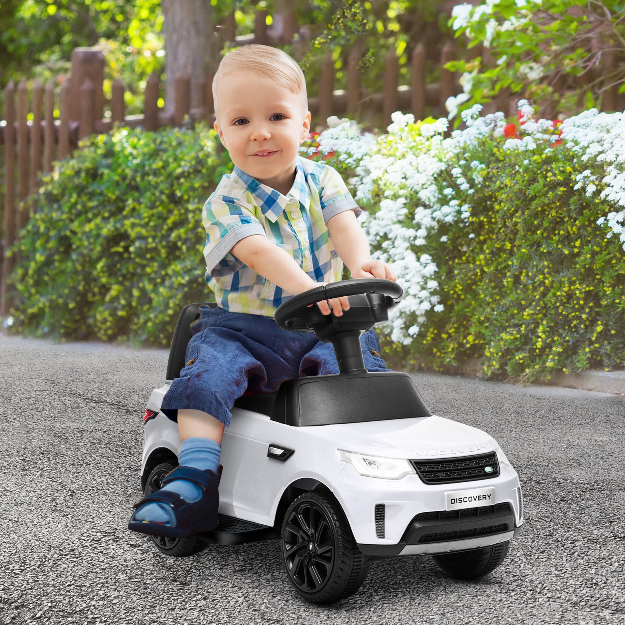 AIYAPLAY Elektro Kinderauto 6V, Land Rover, Fahr-/Schiebemodus, Scheinwerfer, Musik, Weiß