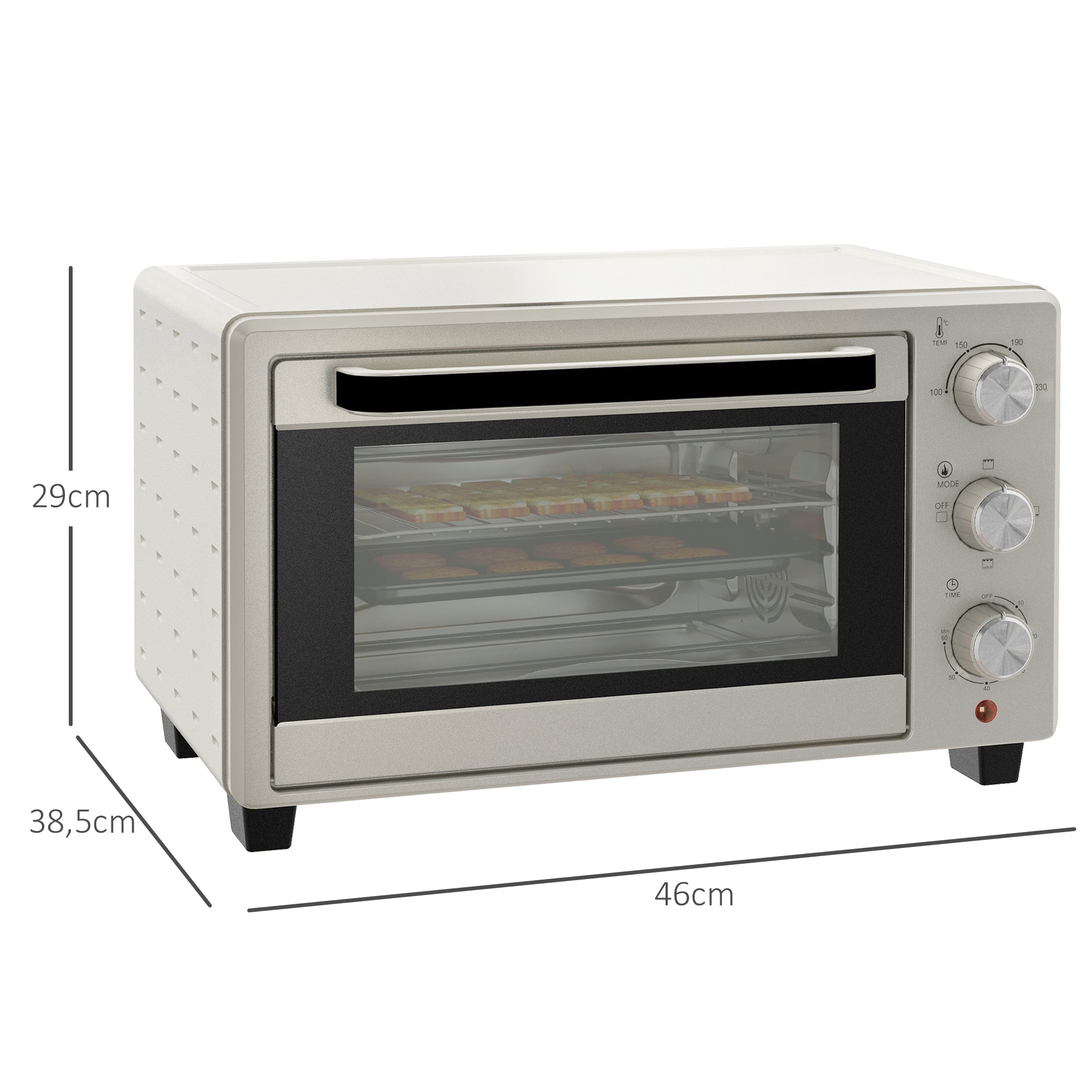 HOMCOM Minibackofen, Backofen kleine 21 L Toasterofen mit 1 Drahtgestell und 1 Backblech, 3 Kochmodi, 100 °C-230 °C, Edelstahl, Glas, Cremeweiß