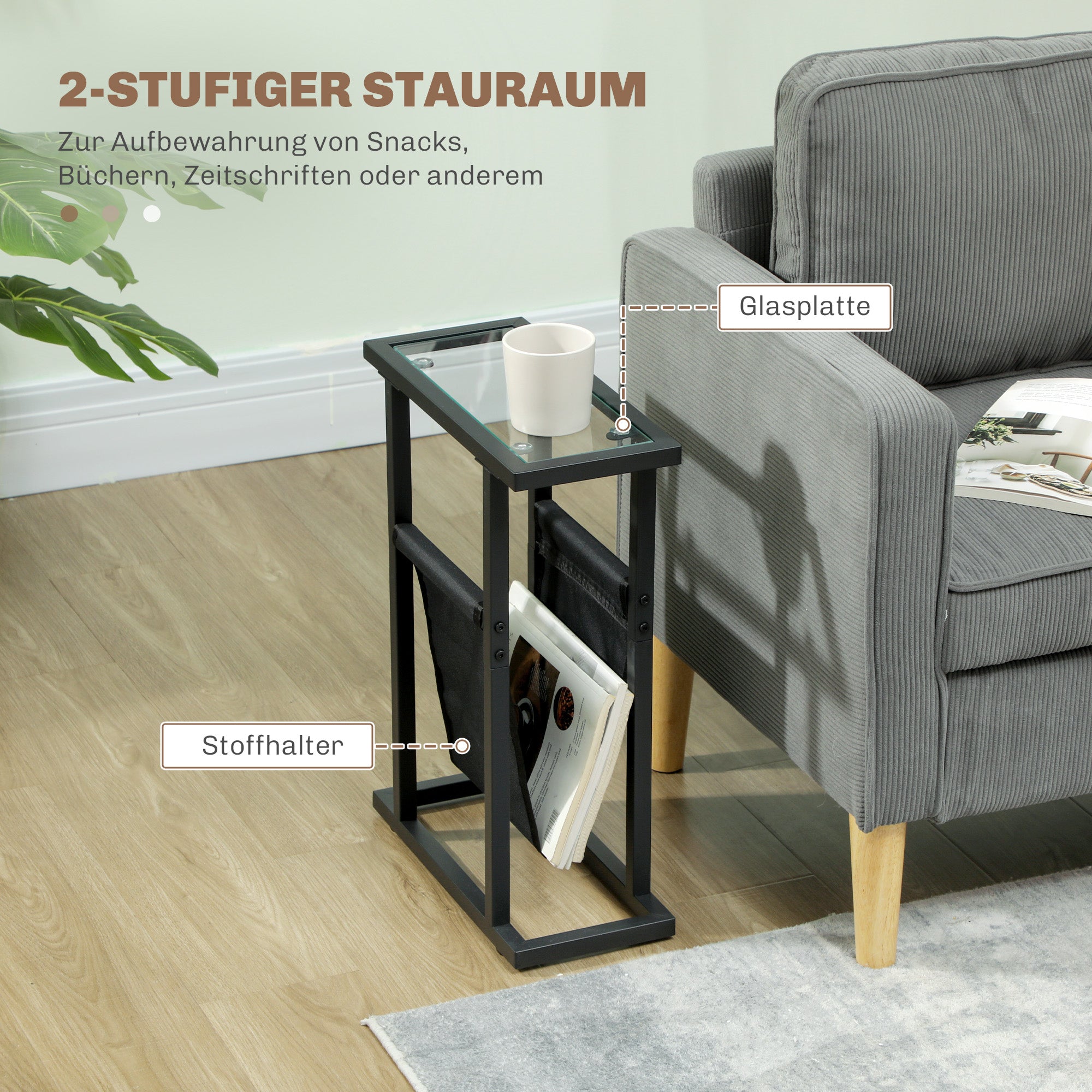 HOMCOM Beistelltisch aus Metall mit Stofftasche und Glasplatte, schmaler Tisch für Wohnzimmer, Schlafzimmer, Schwarz