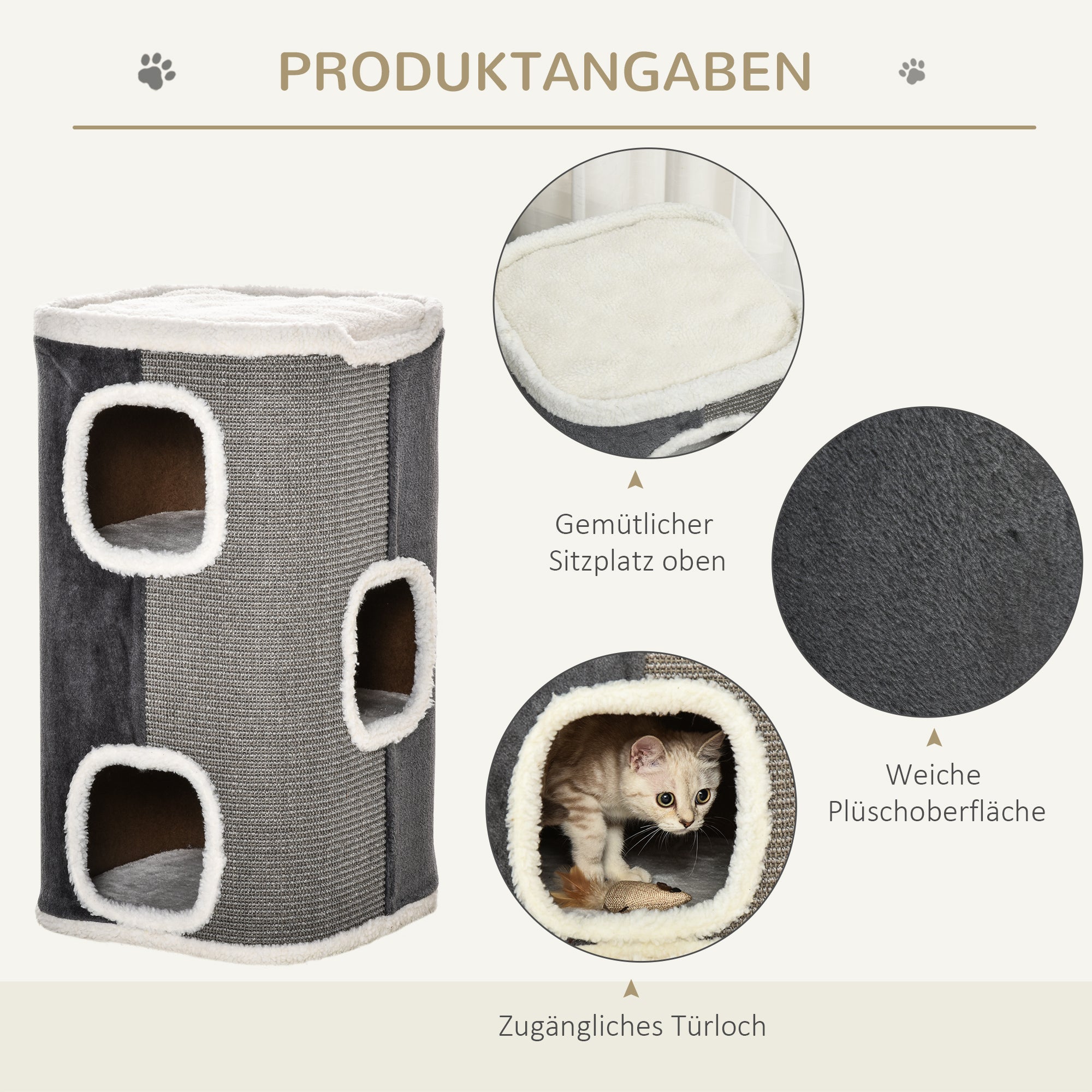 PawHut Kratztonne für Katzen Katzenkratzbaum 3 Ebenen Katzenbaum Kletterbaum für Katzen Katzenmöbel Spanplatte samtartiges Polyester Sisal Grau+Weiß 40 x 40 x 74 cm