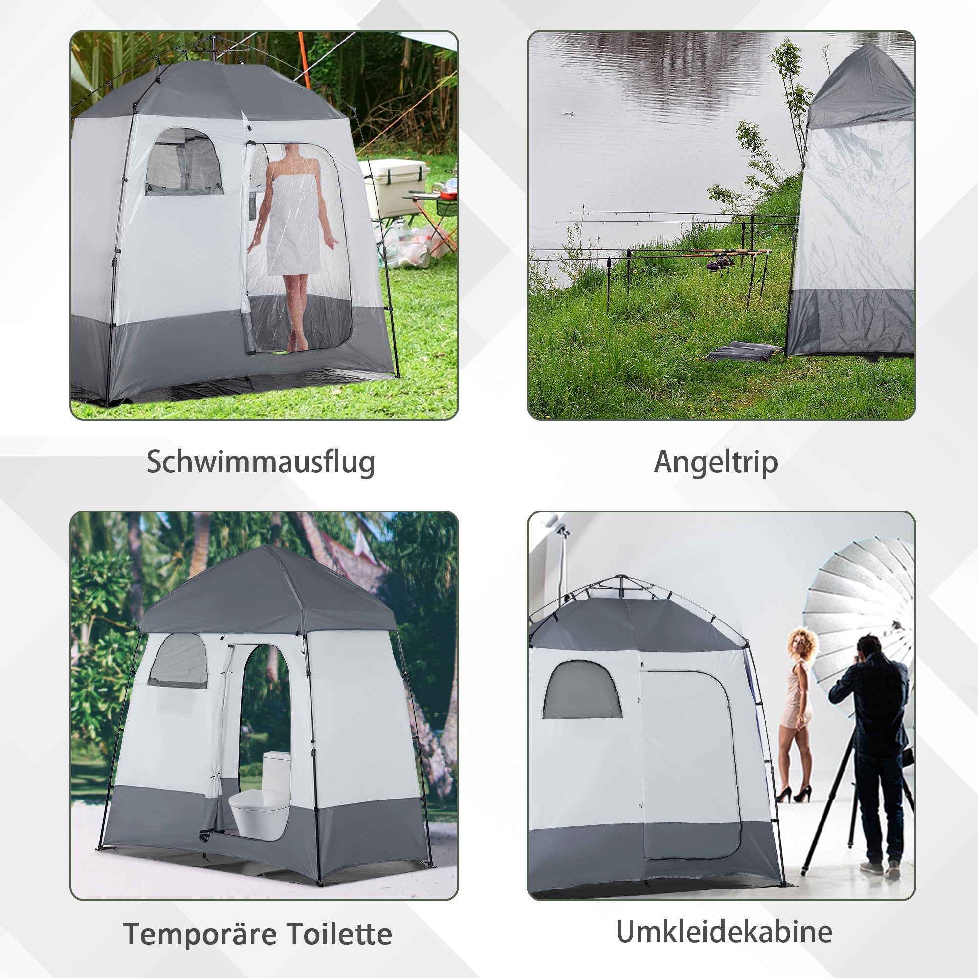 Outsunny Duschzelt für 2 Personen Toilettenzelt mit Transporttasche 3 Türen 2 Fenster Camping Umkleidezelt Umkleidekabine Lagerzelt Hellgrau+Grau