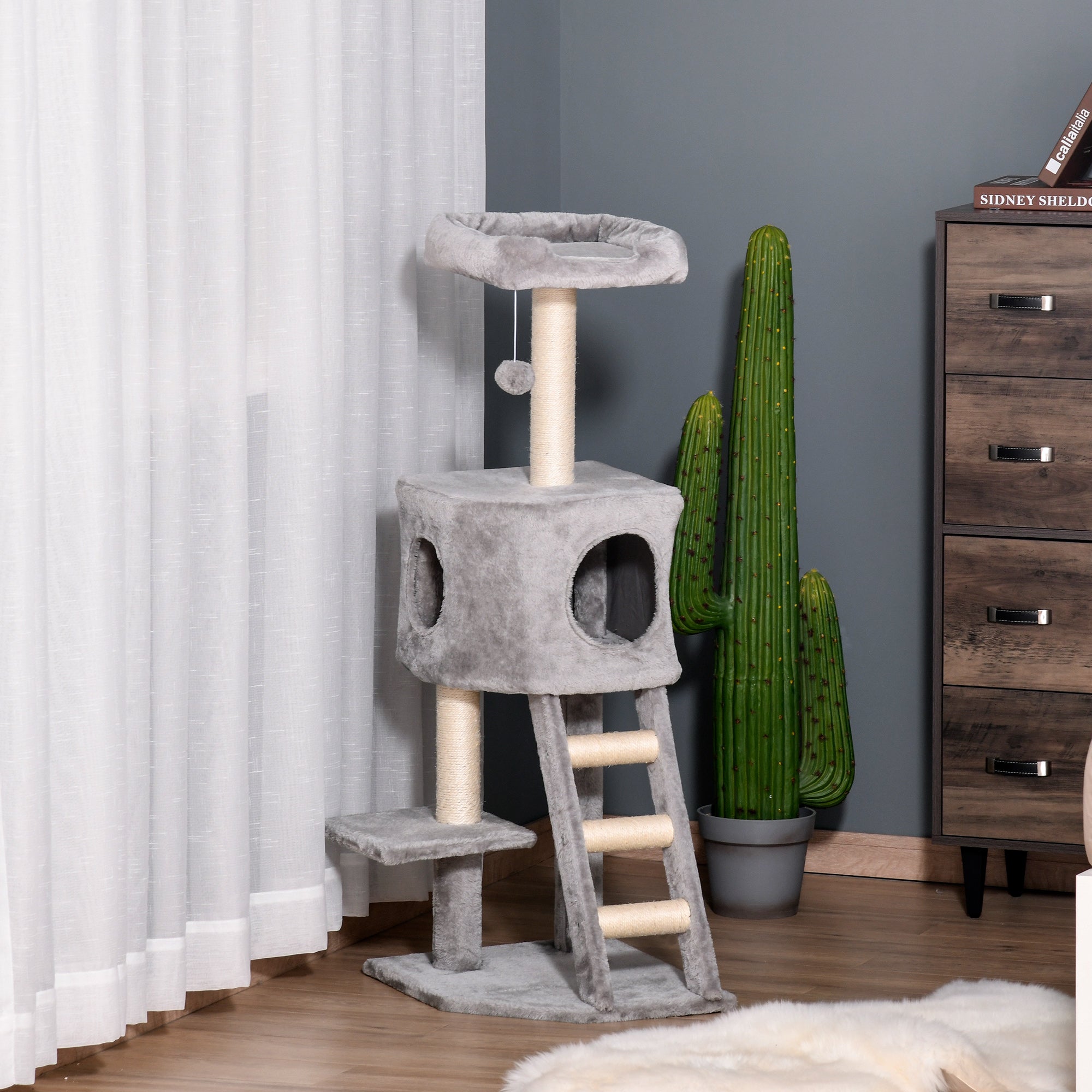 PawHut Kratzbaum 120 cm Katzenturm mit Höhle, Spielball, Sisalstämme,  Plattform, Treppe, mehrstöckiger Katzenkratzbaum, Kletterbaum für Katzen, Hellgrau