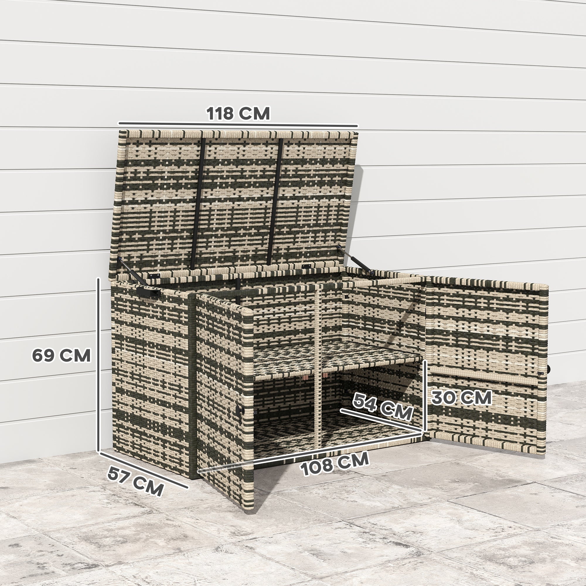 Outsunny Rattan Auflagenbox 350L 2-Ebenne Kissenbox mit Deckel Hebestangen Tragegriffe 118 x 57 x 69 cm Mischgrau
